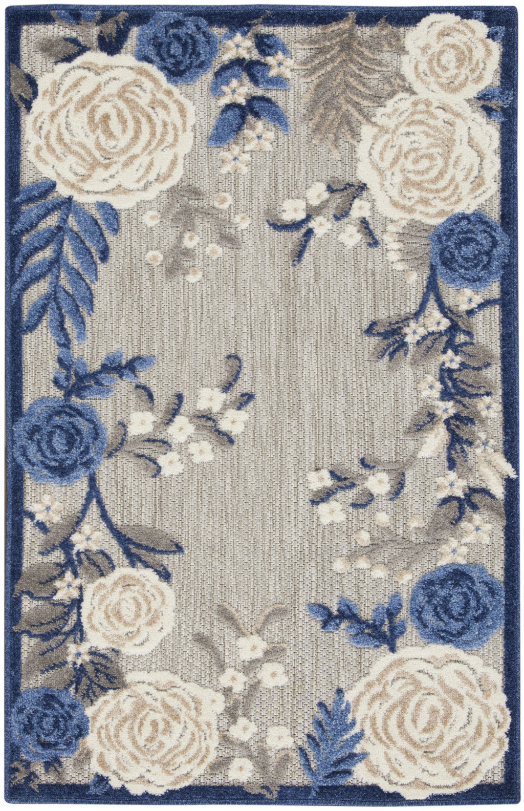 3' X 4' Blue and Gray Floral Indoor Outdoor Area Rug - Outdoor