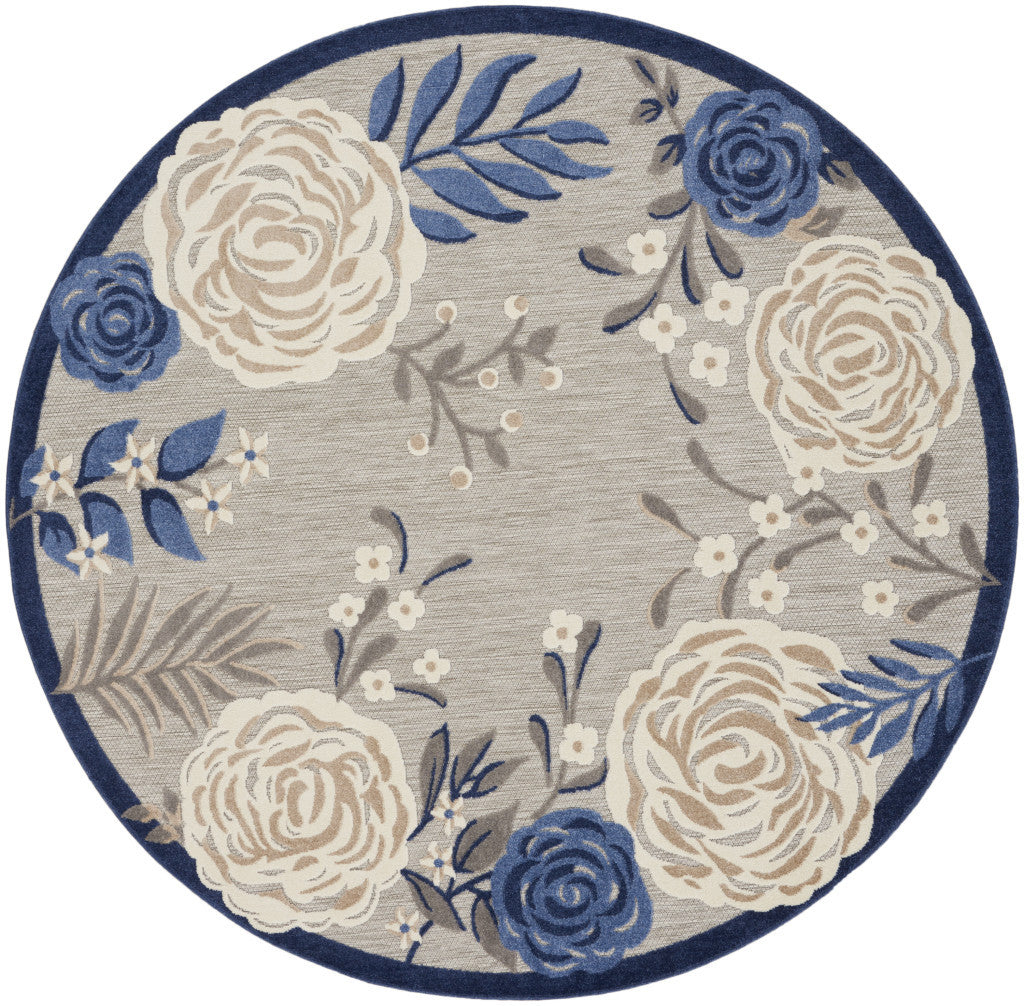 8' Blue and Gray Round Floral Indoor Outdoor Area Rug - Outdoor