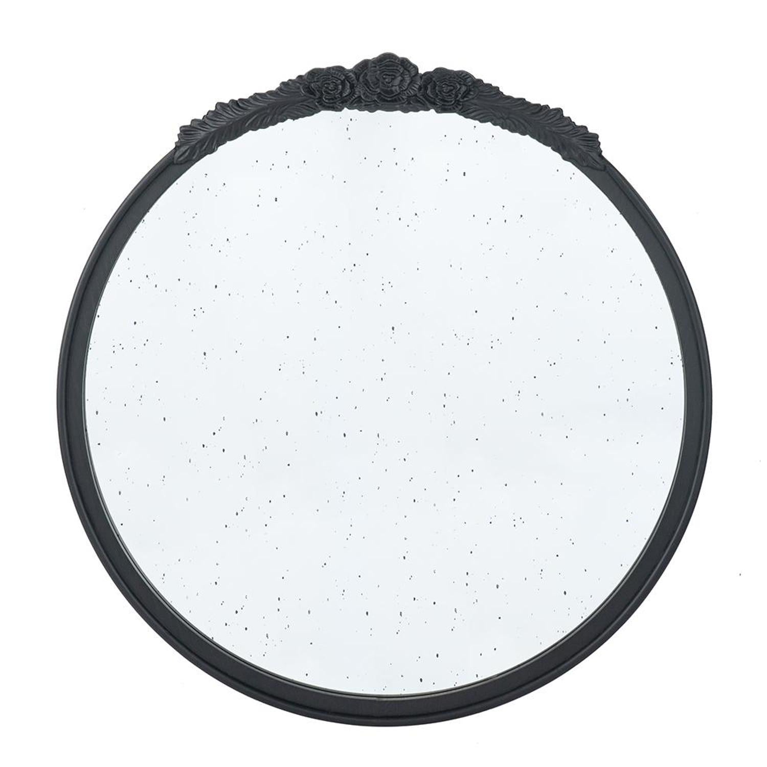 30" Black Crowned Top Antiqued Glass Round Framed Accent Mirror - Bed & Bath
