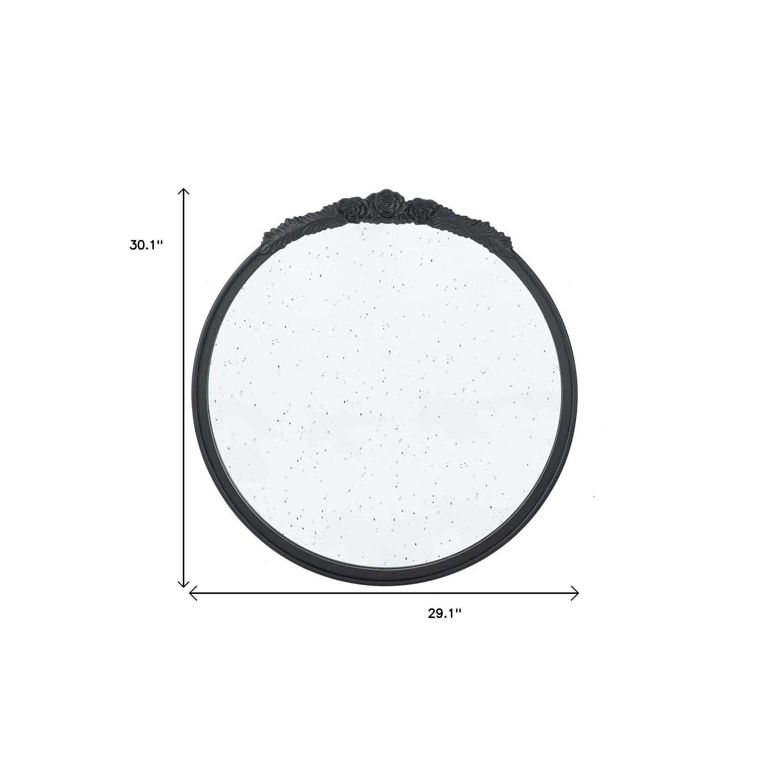 30" Black Crowned Top Antiqued Glass Round Framed Accent Mirror - Bed & Bath