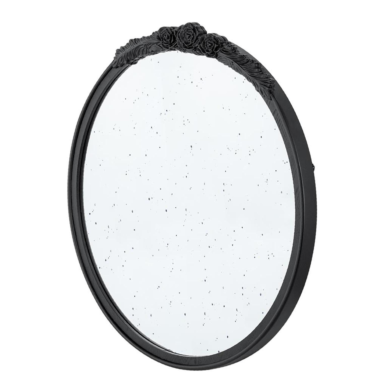 30" Black Crowned Top Antiqued Glass Round Framed Accent Mirror - Bed & Bath