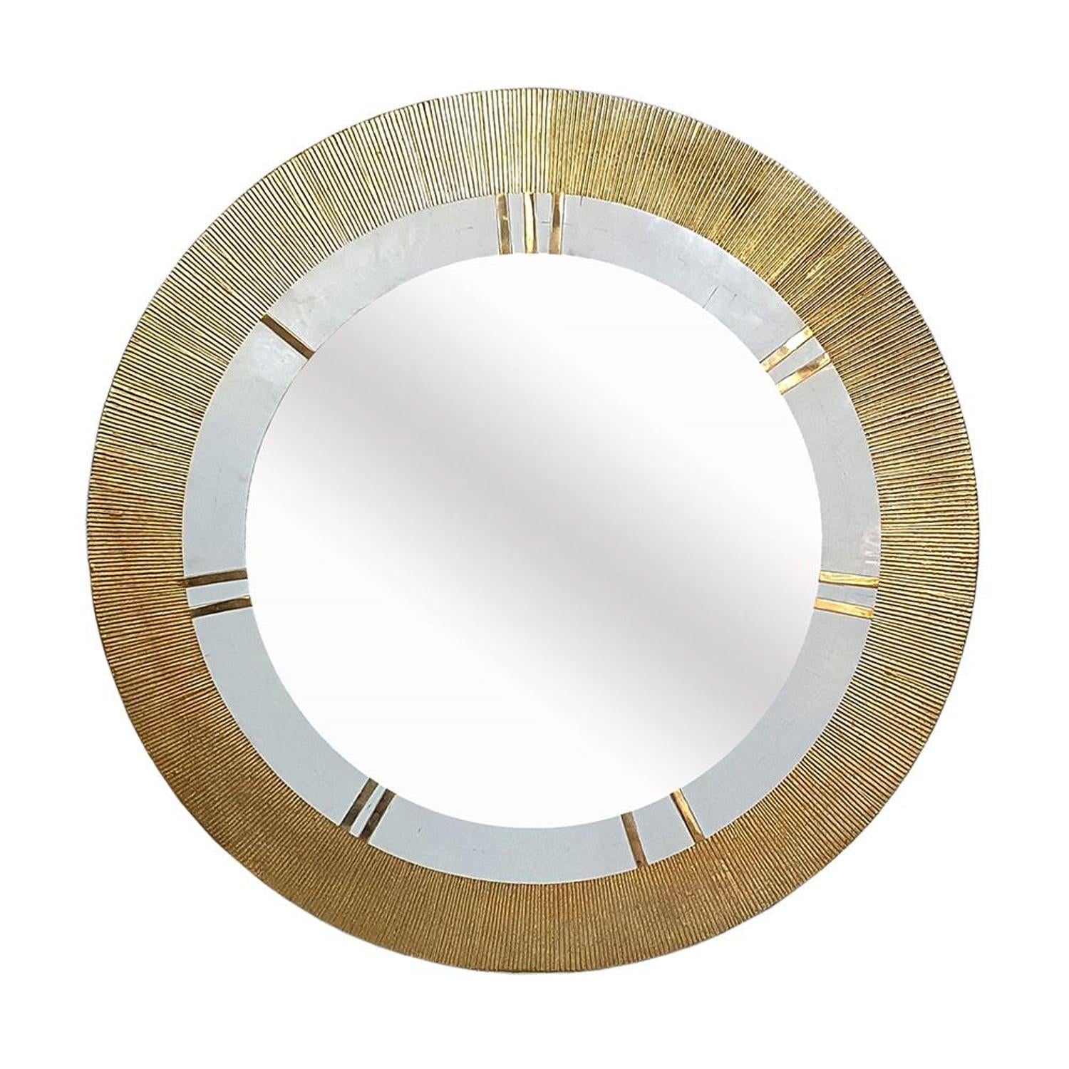 36" Gold and White Round Aluminum Ribbed Edge Framed Accent Mirror - Bed & Bath