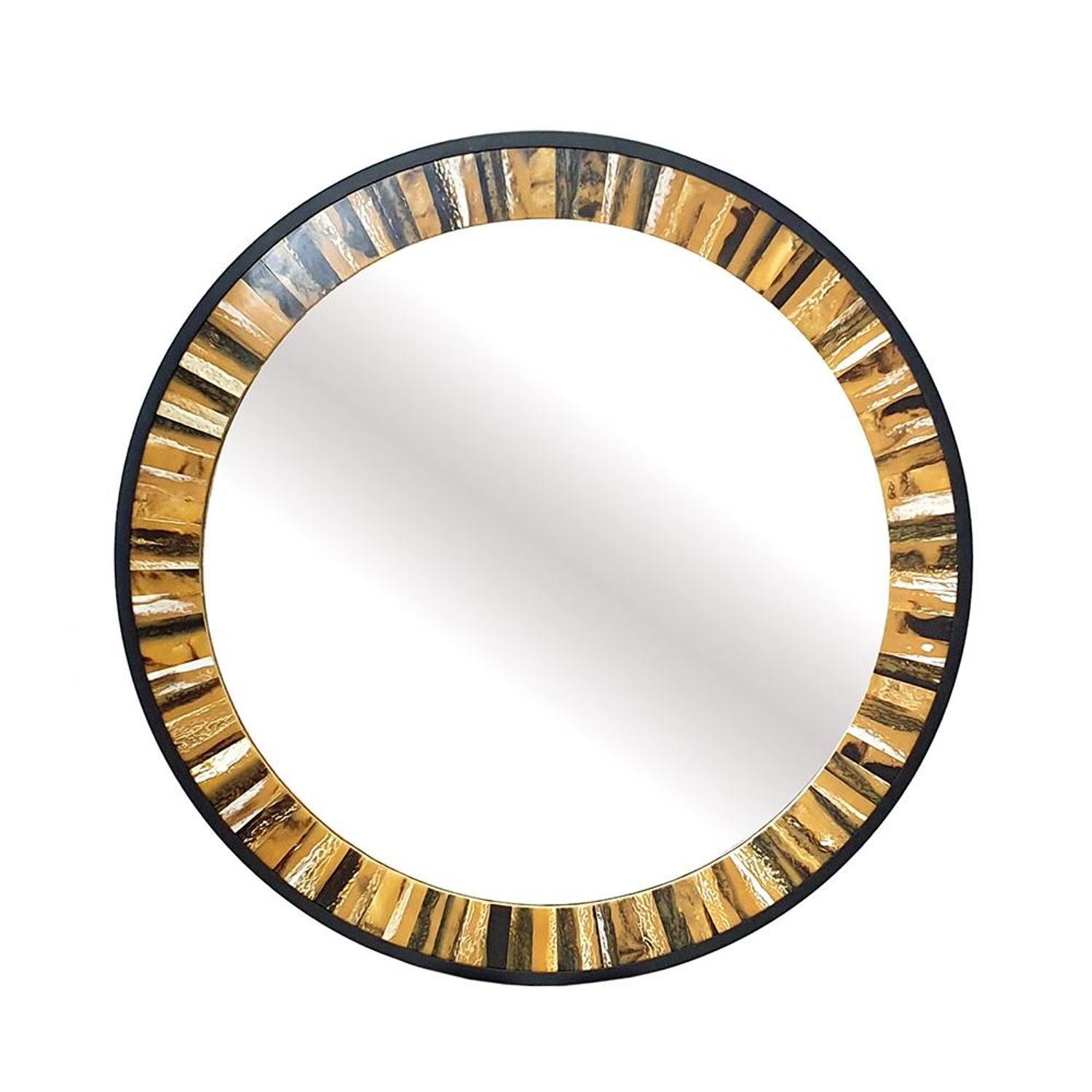 32" Brown and Black Faux Stone Round Framed Accent Mirror - Bed & Bath
