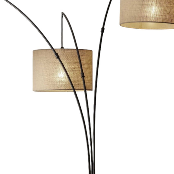 74" Bronze Three Light Tree Floor Lamp With Beige Burlap Drum Shade - Lighting