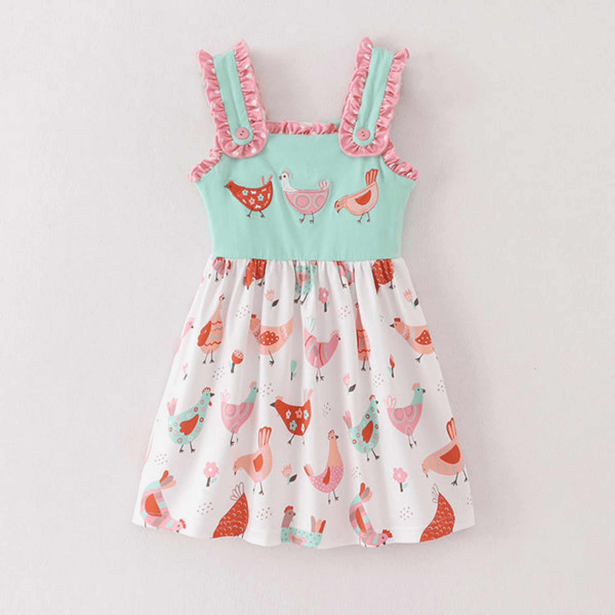 Children's chicken print dress with mint bodice, ruffle straps, full white skirt