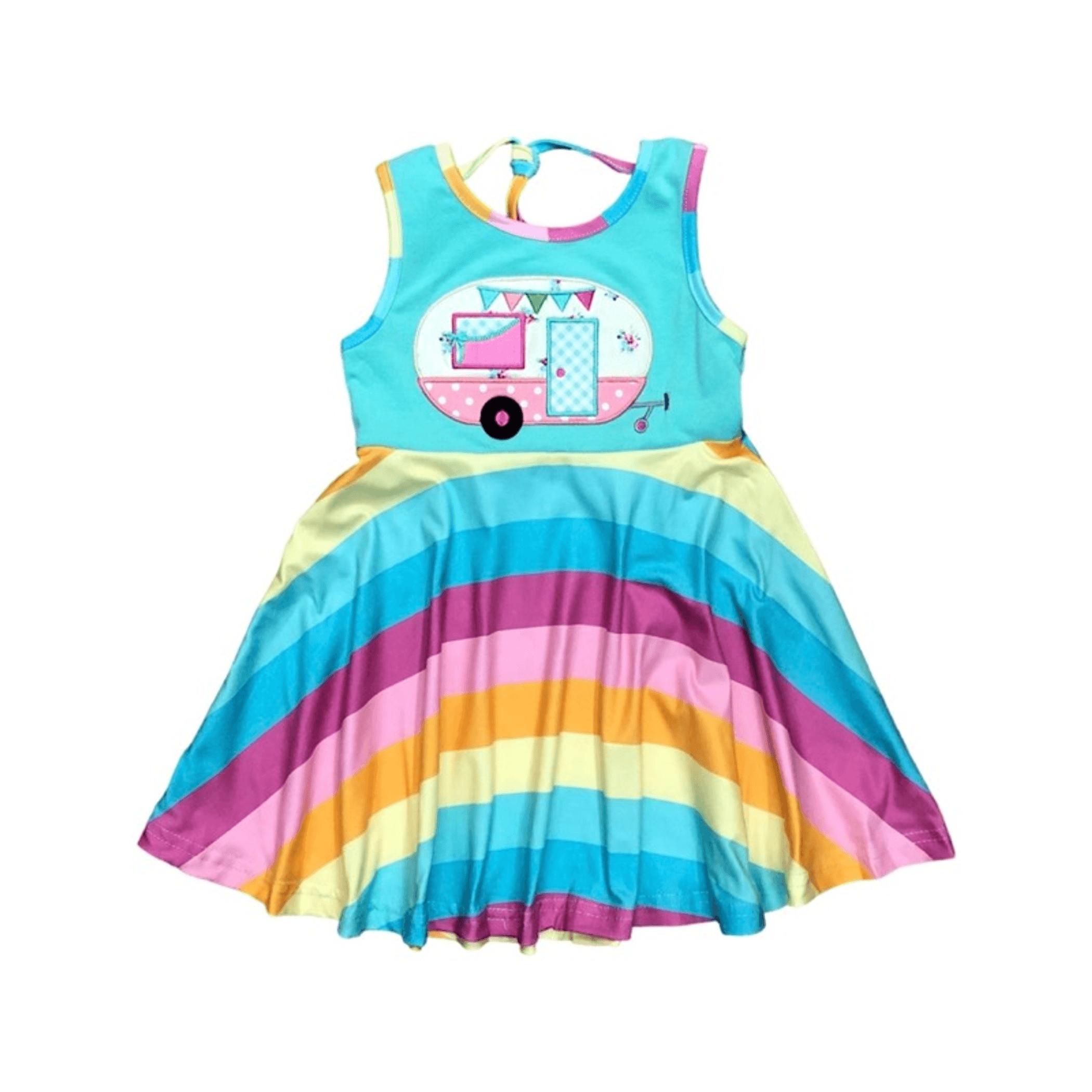 Girls' turquoise sleeveless camper graphic dress with rainbow stripe skirt