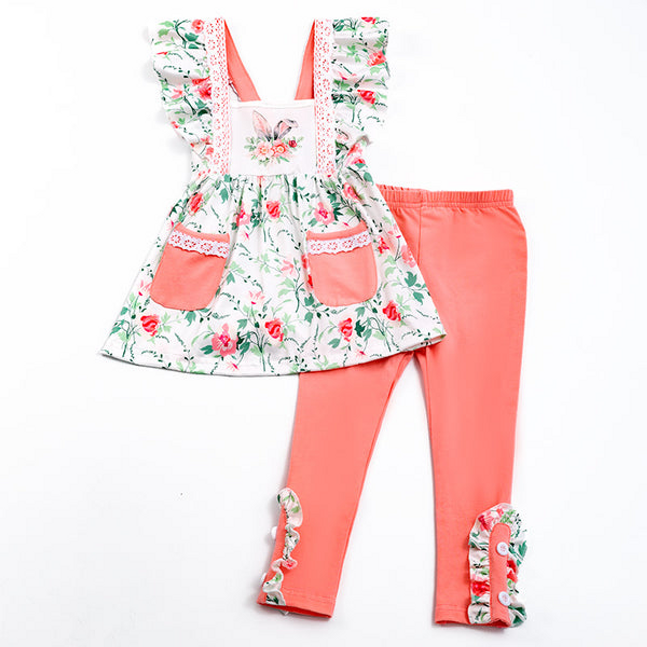 Bunny Floral Outfit (Coral). - 1 / 2T - Girl's