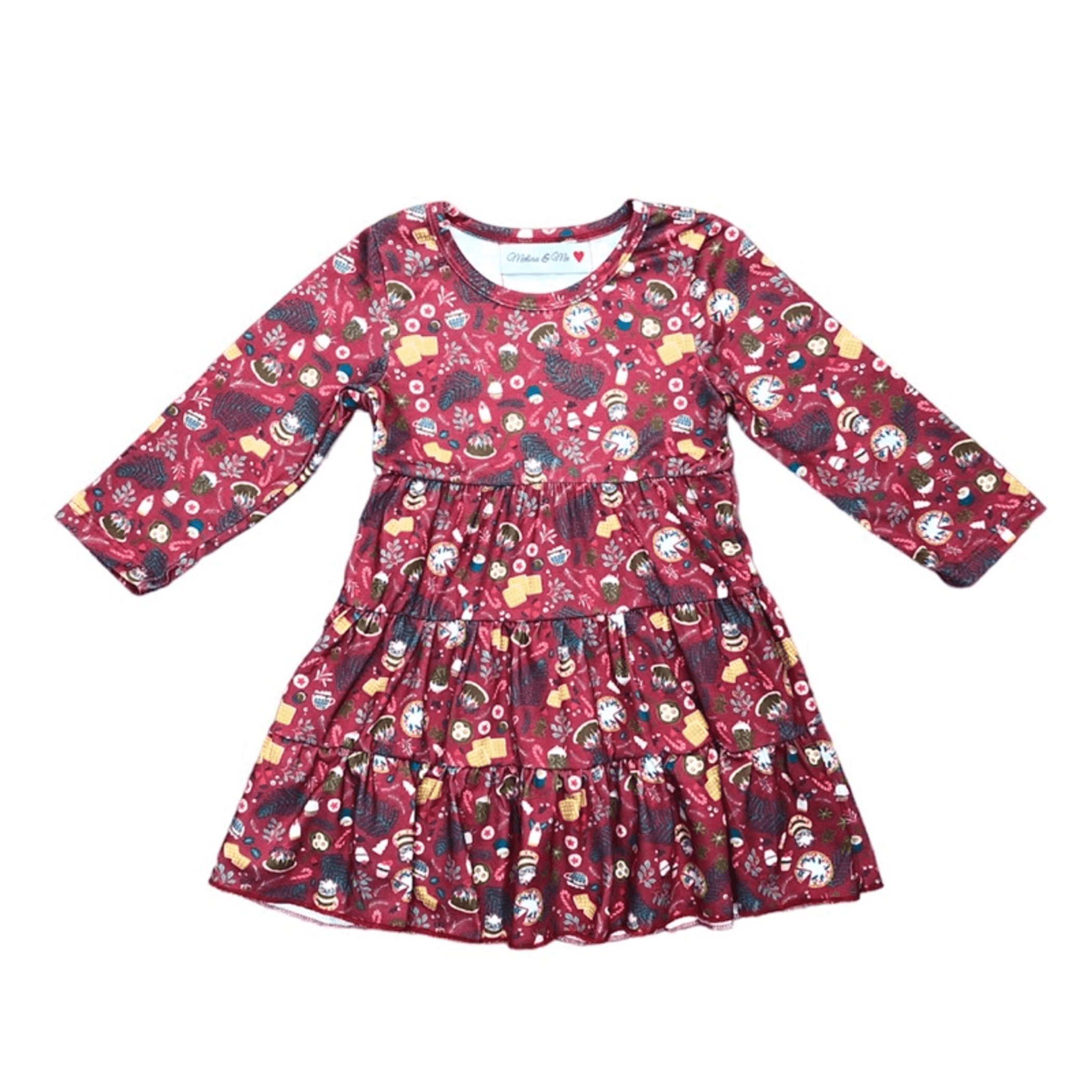 Toddler long-sleeve dress, burgundy with festive cartoon print, tiered ruffle skirt