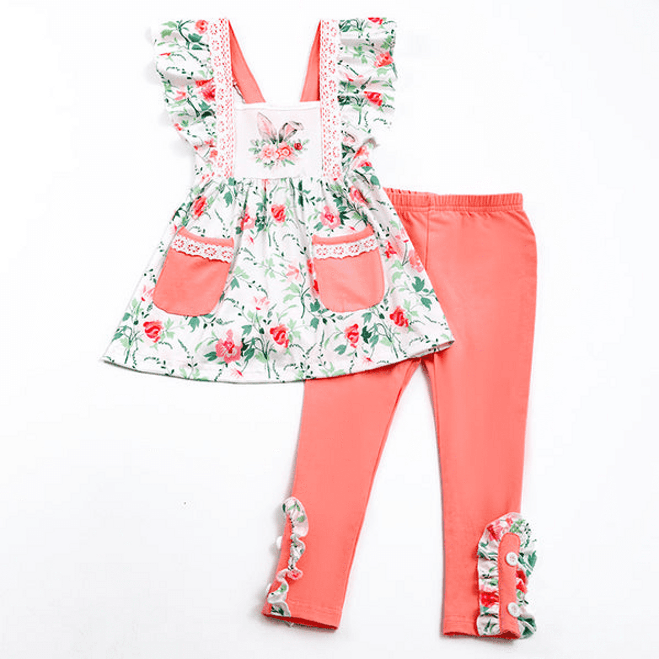 Bunny floral outfit set with coral pink leggings and ruffled white floral dress