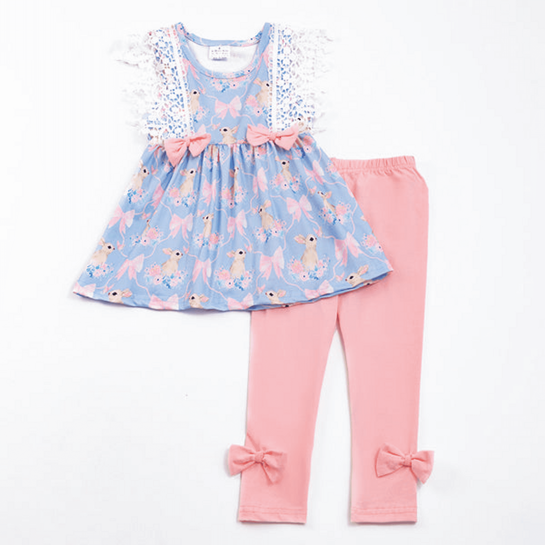 Girls bunny floral dress and leggings set, blue printed dress with pink bows, pink leggings