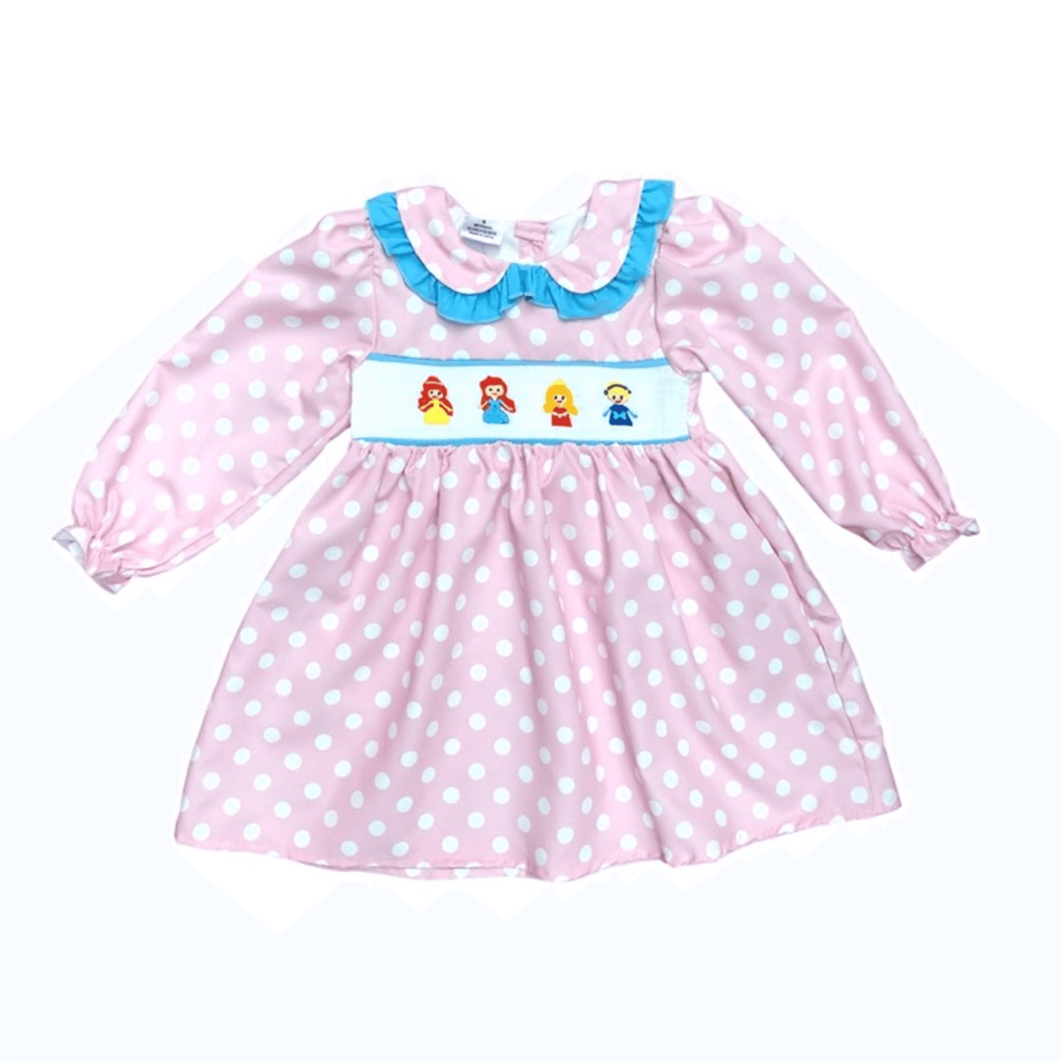 Kids princess friends dress, pink polka-dot long sleeves with blue ruffle collar