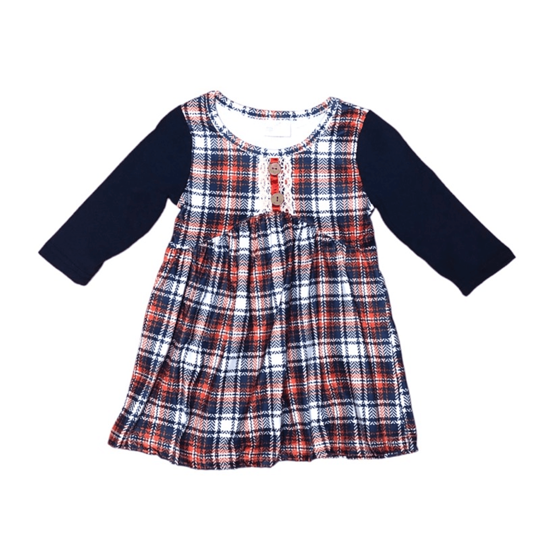 Navy plaid long-sleeve dress, A-line skirt, scoop neck, front buttons