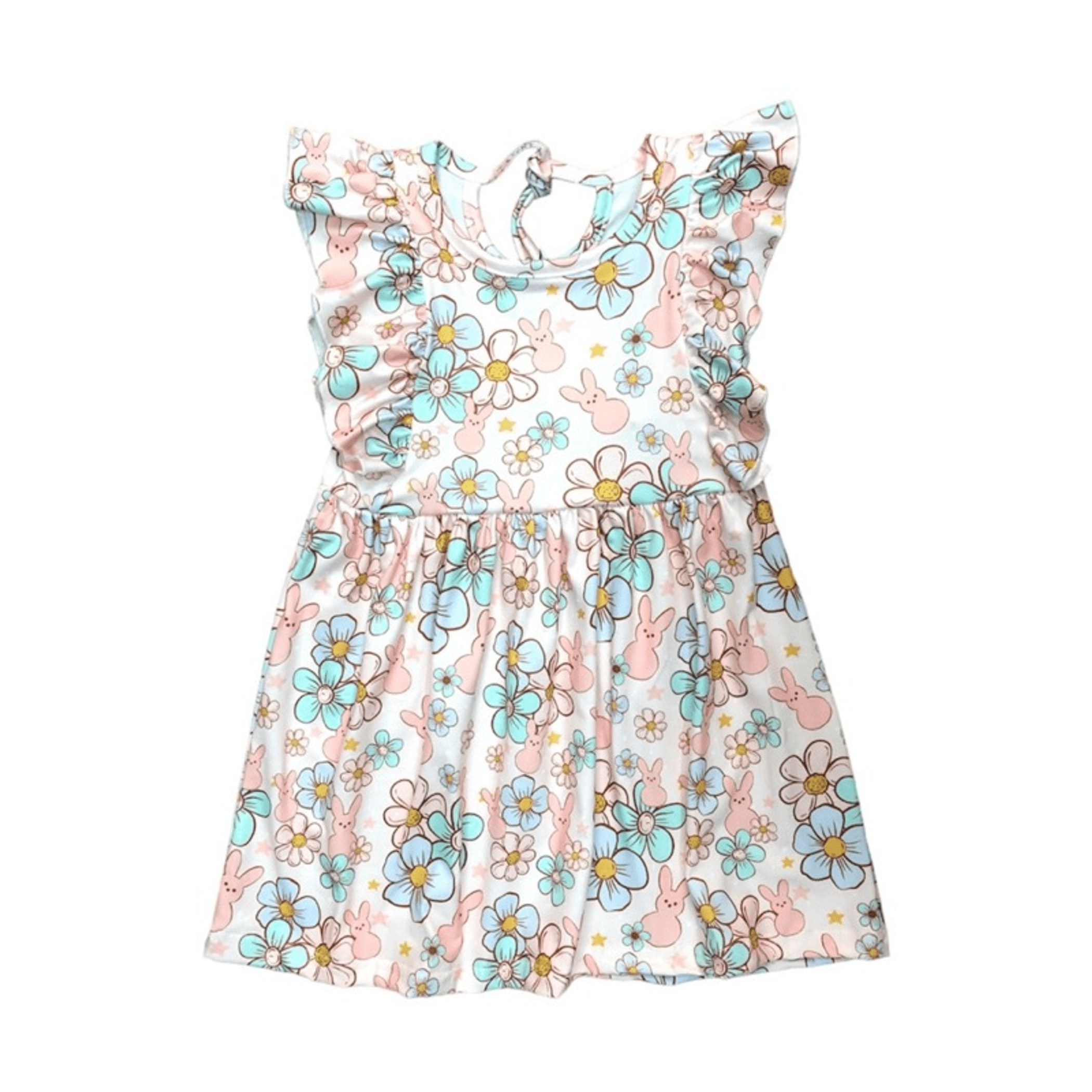 Pastel floral bunny print dress with flutter cap sleeves and gathered waist