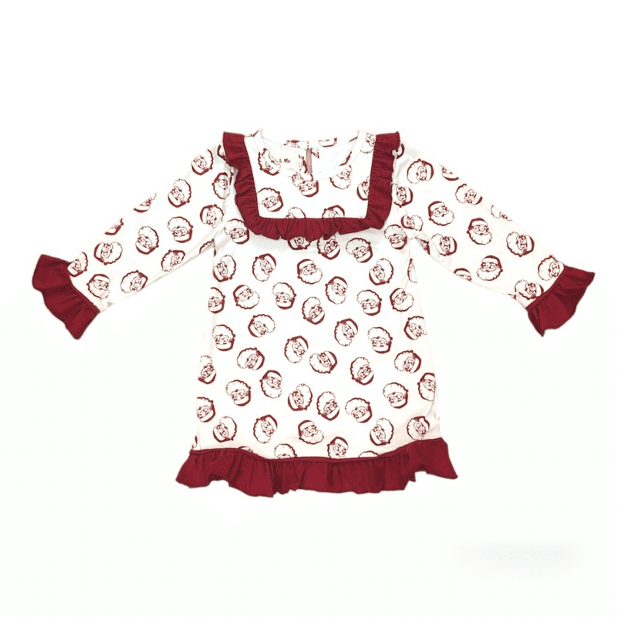 Santa lounge dress with long sleeves, Santa face print, red ruffle hem and cuffs.