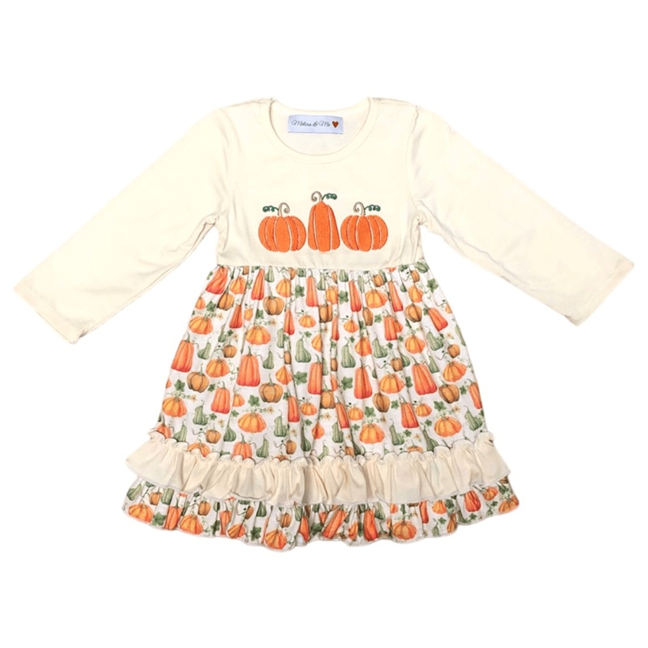 Cream long-sleeve dress with orange pumpkin print and tiered ruffle hem