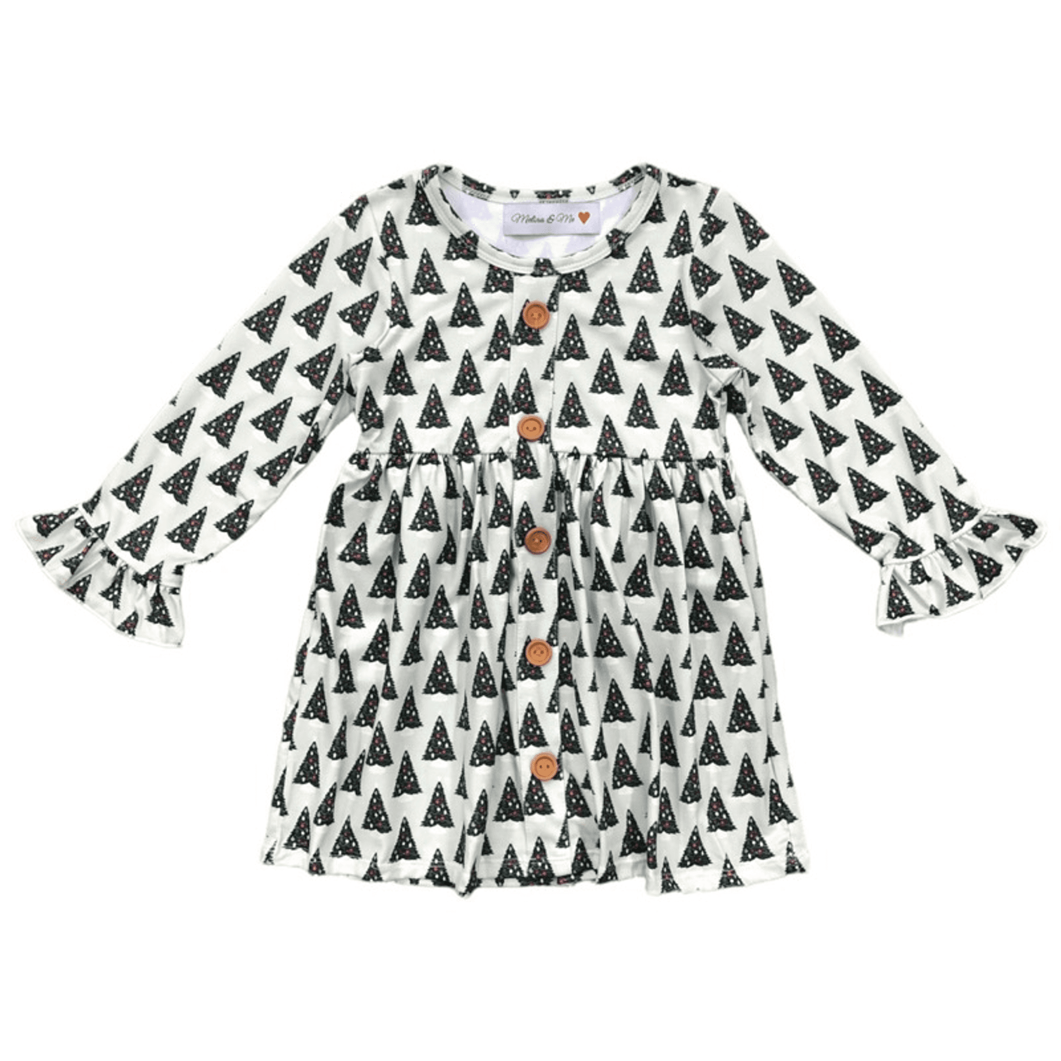 White long-sleeve dress with allover Christmas tree print and buttoned bodice