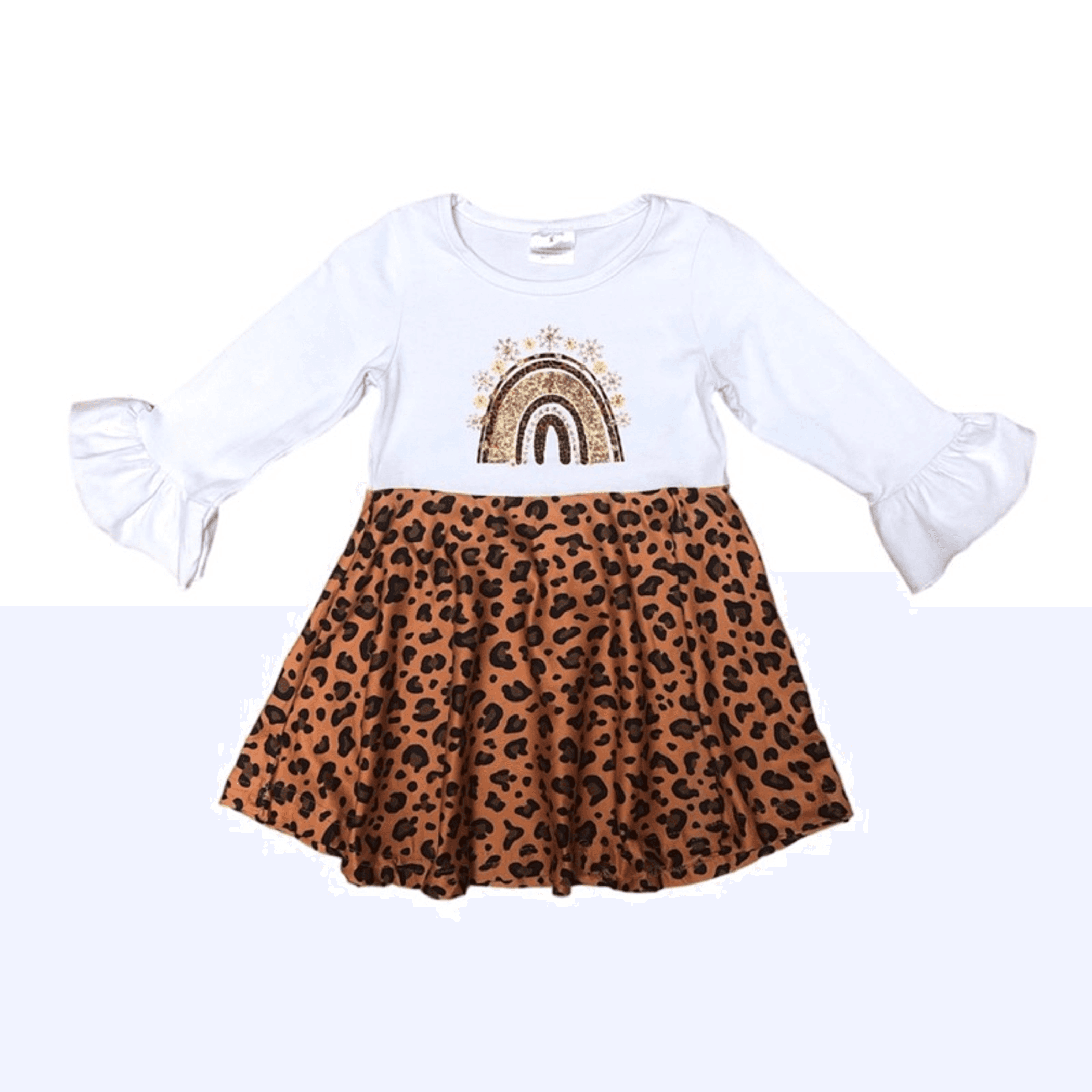 Girls long-sleeve dress: white top with rainbow graphic, brown leopard-print skirt