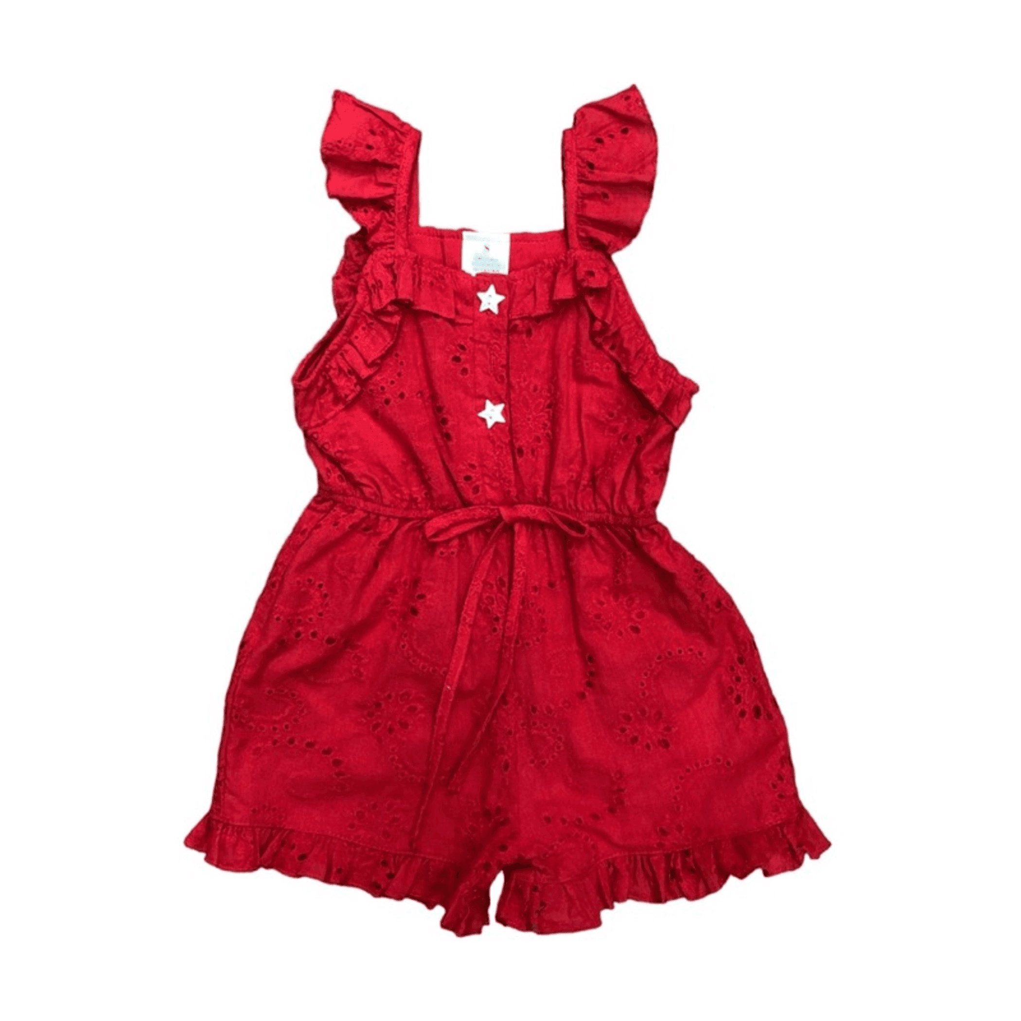 Red star print romper with ruffled shoulder straps and button front