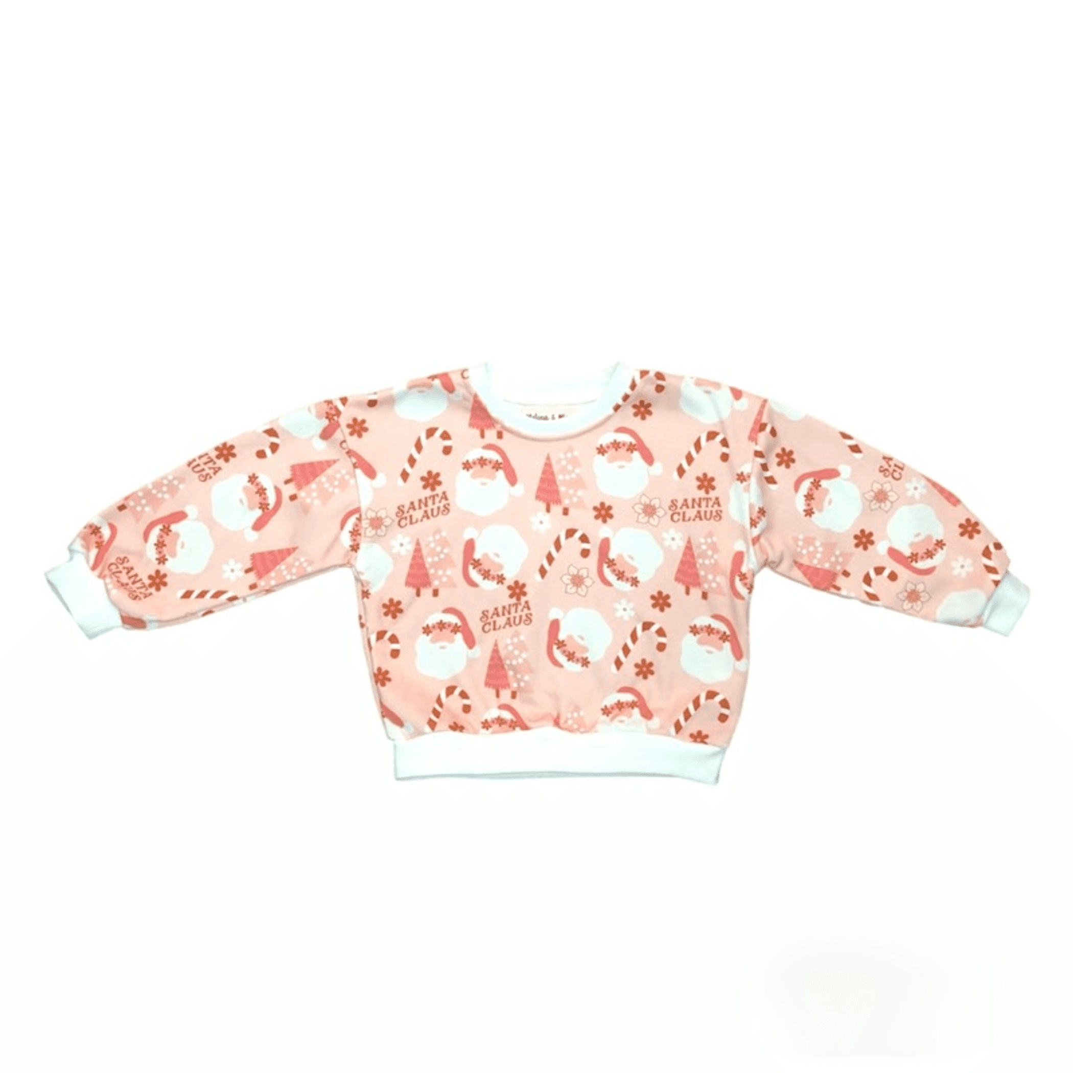 Pink Christmas sweatshirt with Santa and snowflake print, crewneck and long sleeves