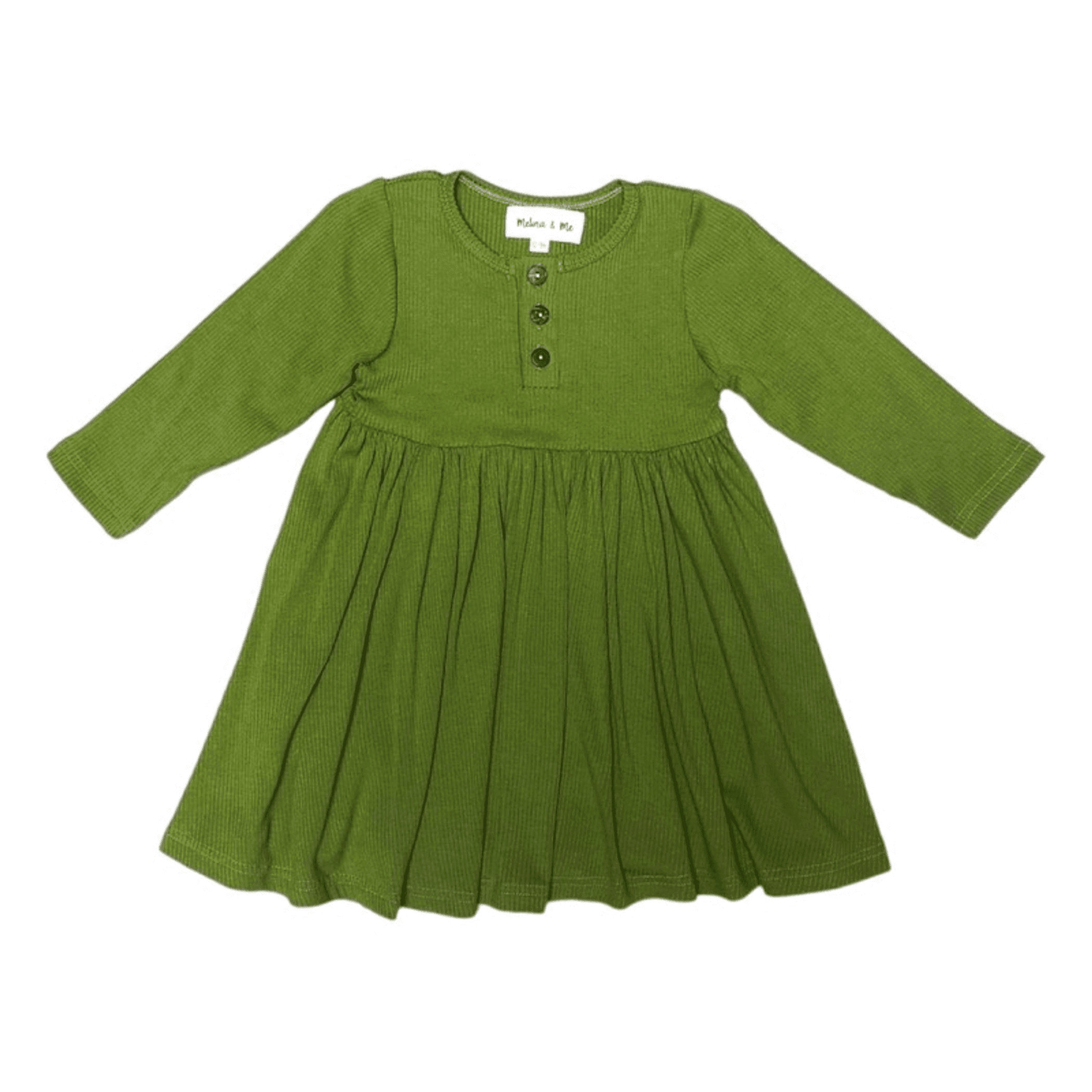 Olive ribbed long-sleeve knit dress with button-front neckline and gathered skirt
