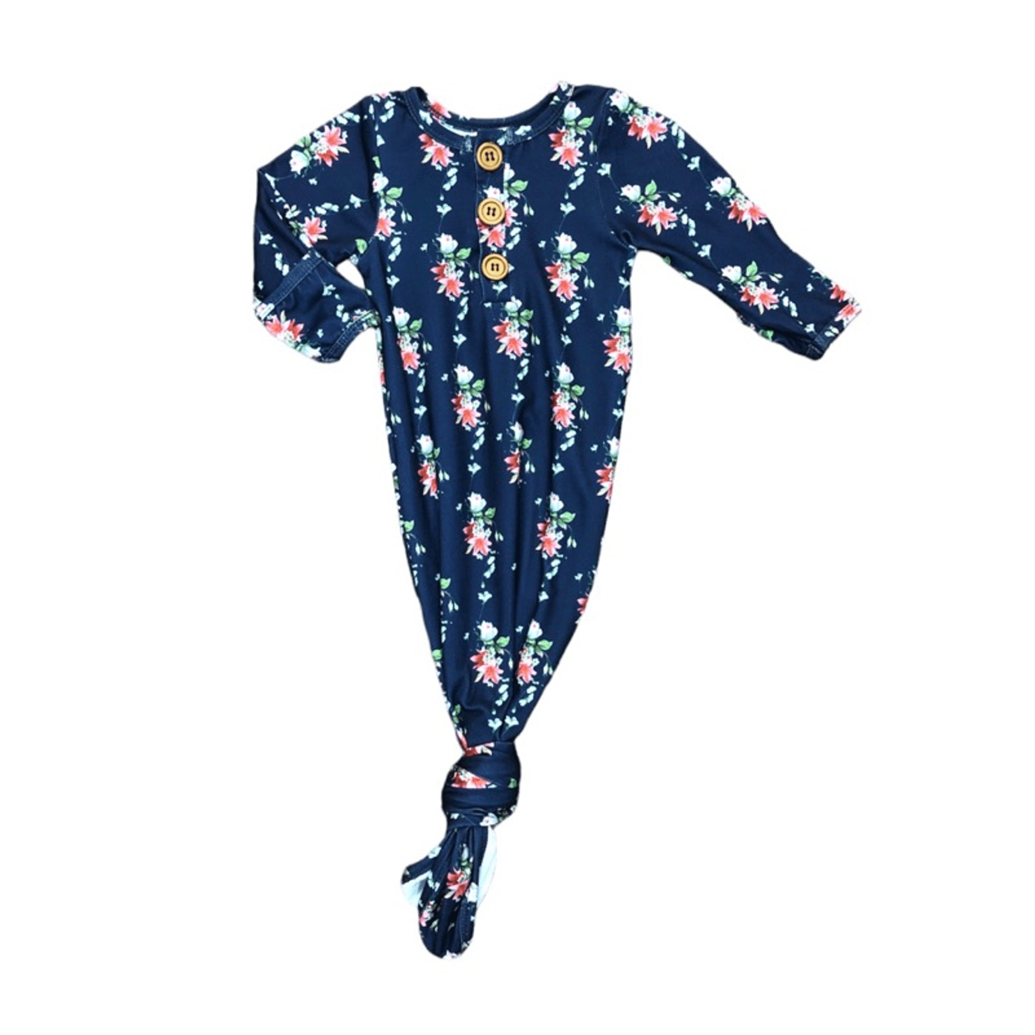 Navy floral baby gown with long sleeves, button-front, and footed tie-knot bottom