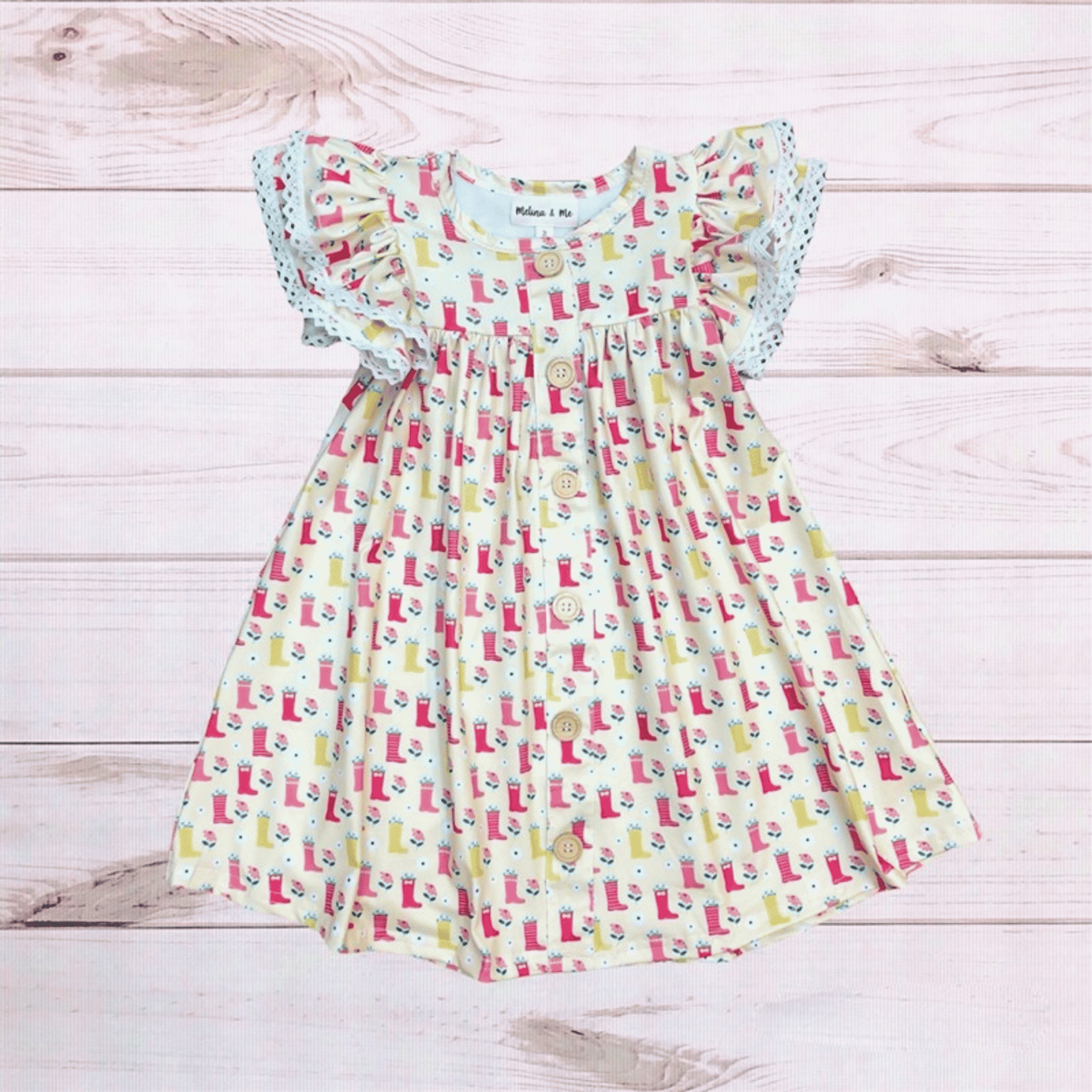 Girls' rain boots print dress with ruffled short sleeves and button front