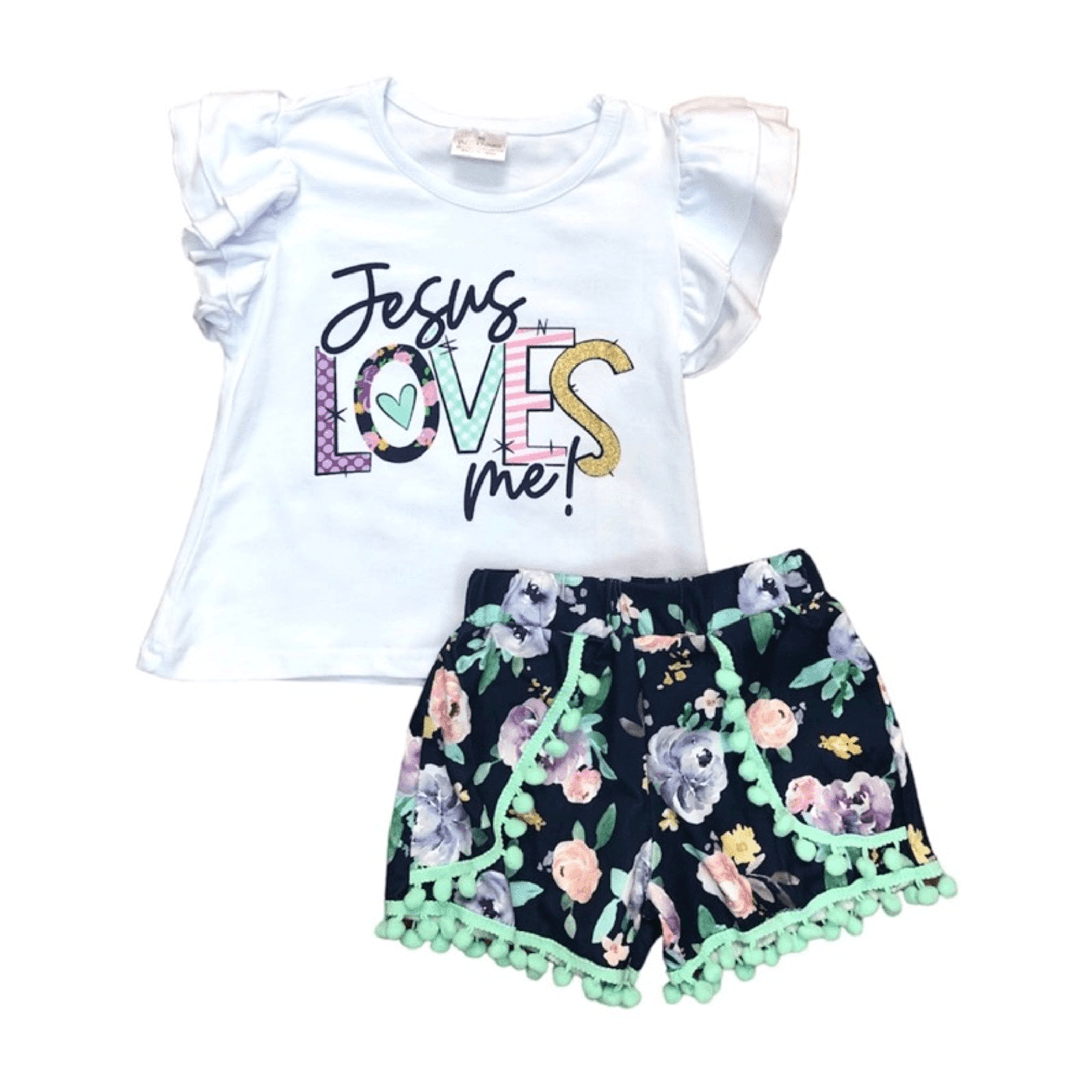 Kids Christian graphic T-shirt and floral shorts set, white tee and black floral shorts