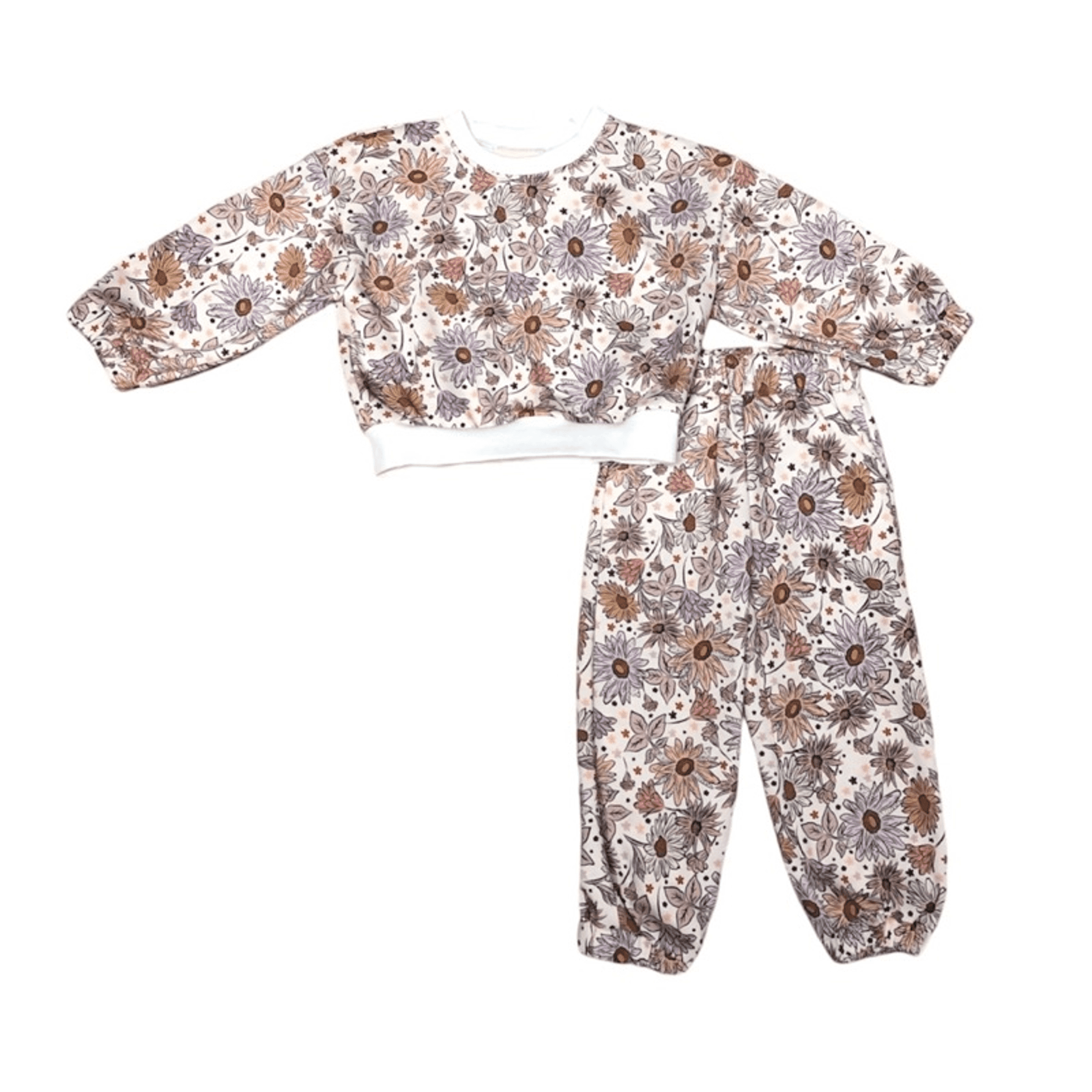 Floral sweatsuit set with long-sleeve sweatshirt and jogger pants, light base
