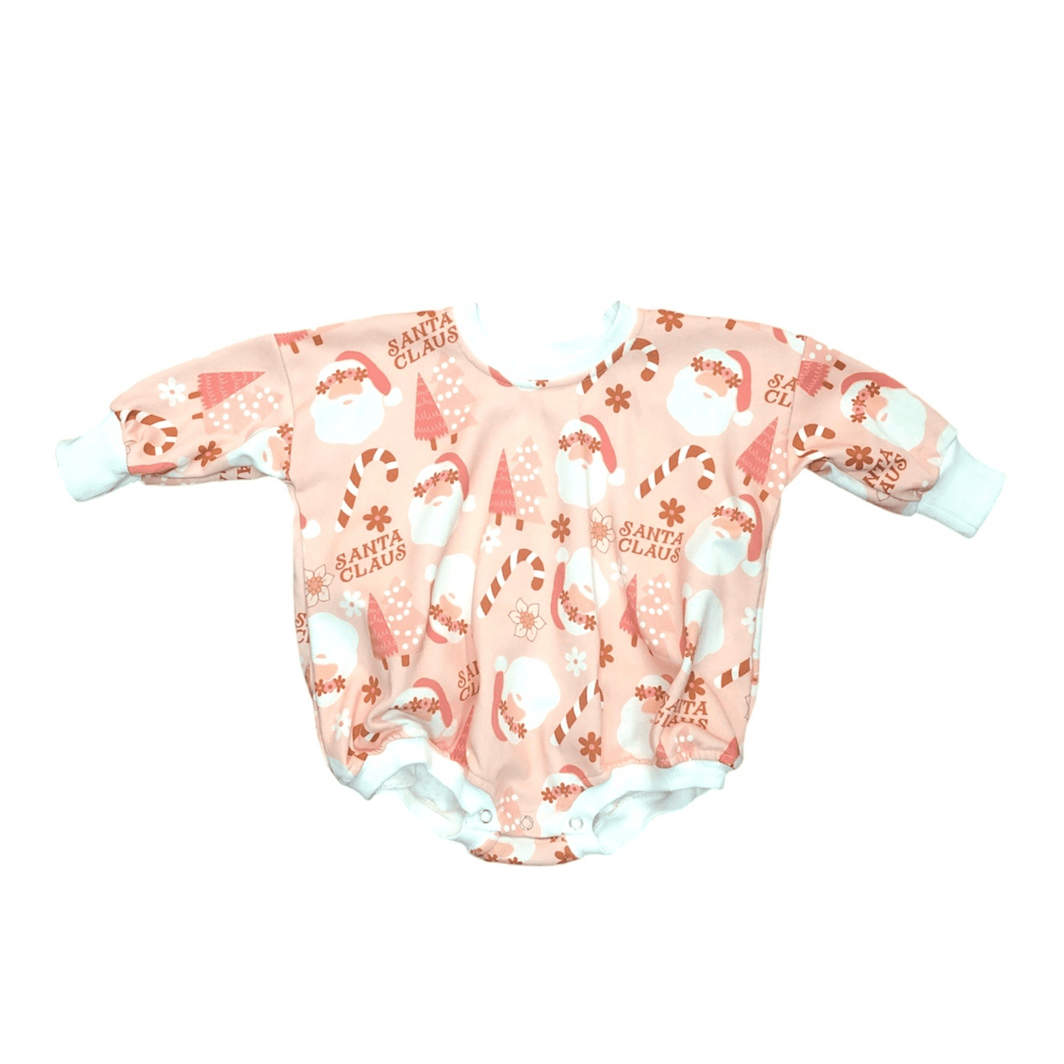 Pink bubble romper with Santa and gingerbread print, light blue cuffs and hem