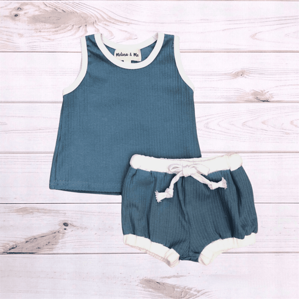 Teal ribbed tank top and drawstring shorts set
