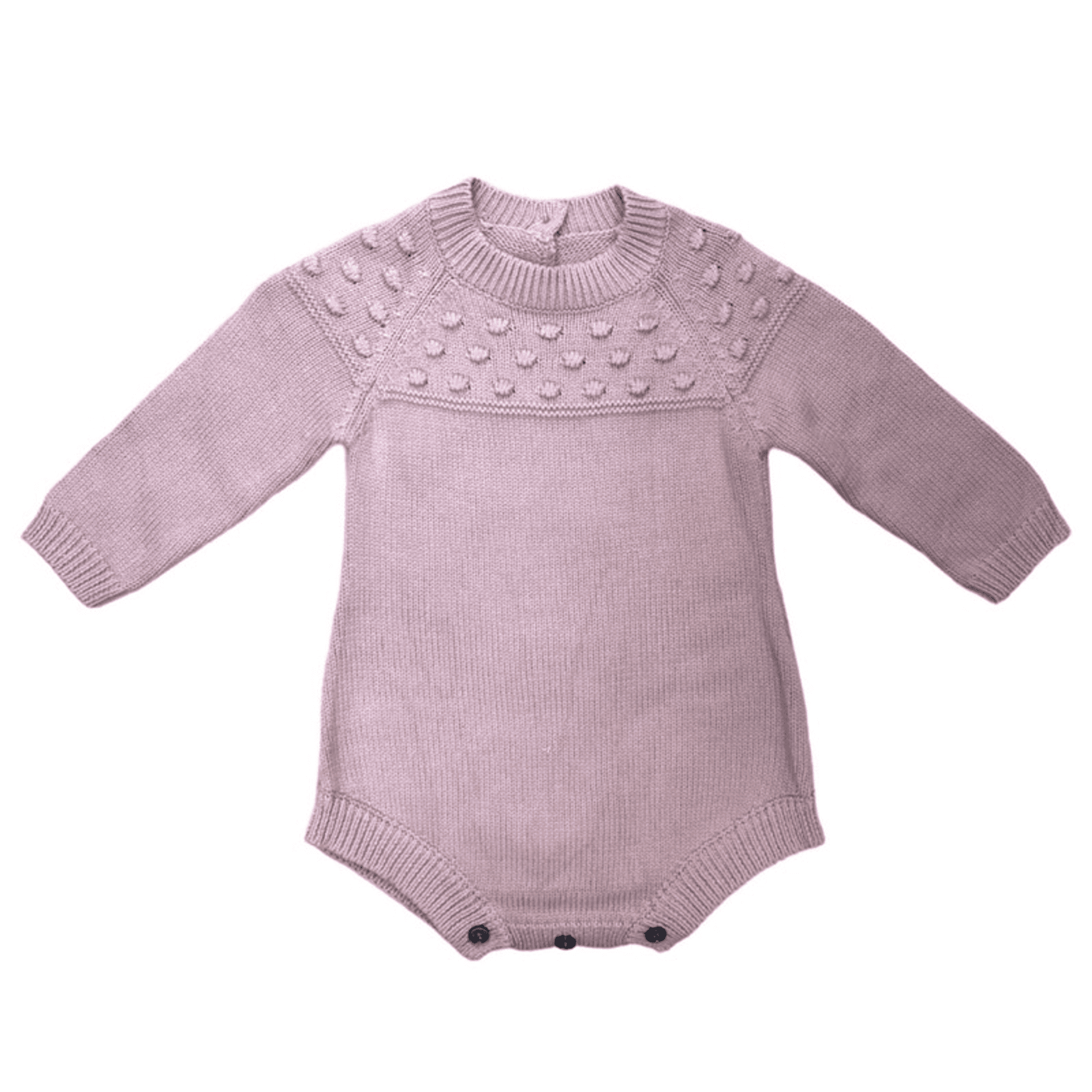 Mauve knit bubble romper with long sleeves, ribbed neck and cuffs, snap button leg