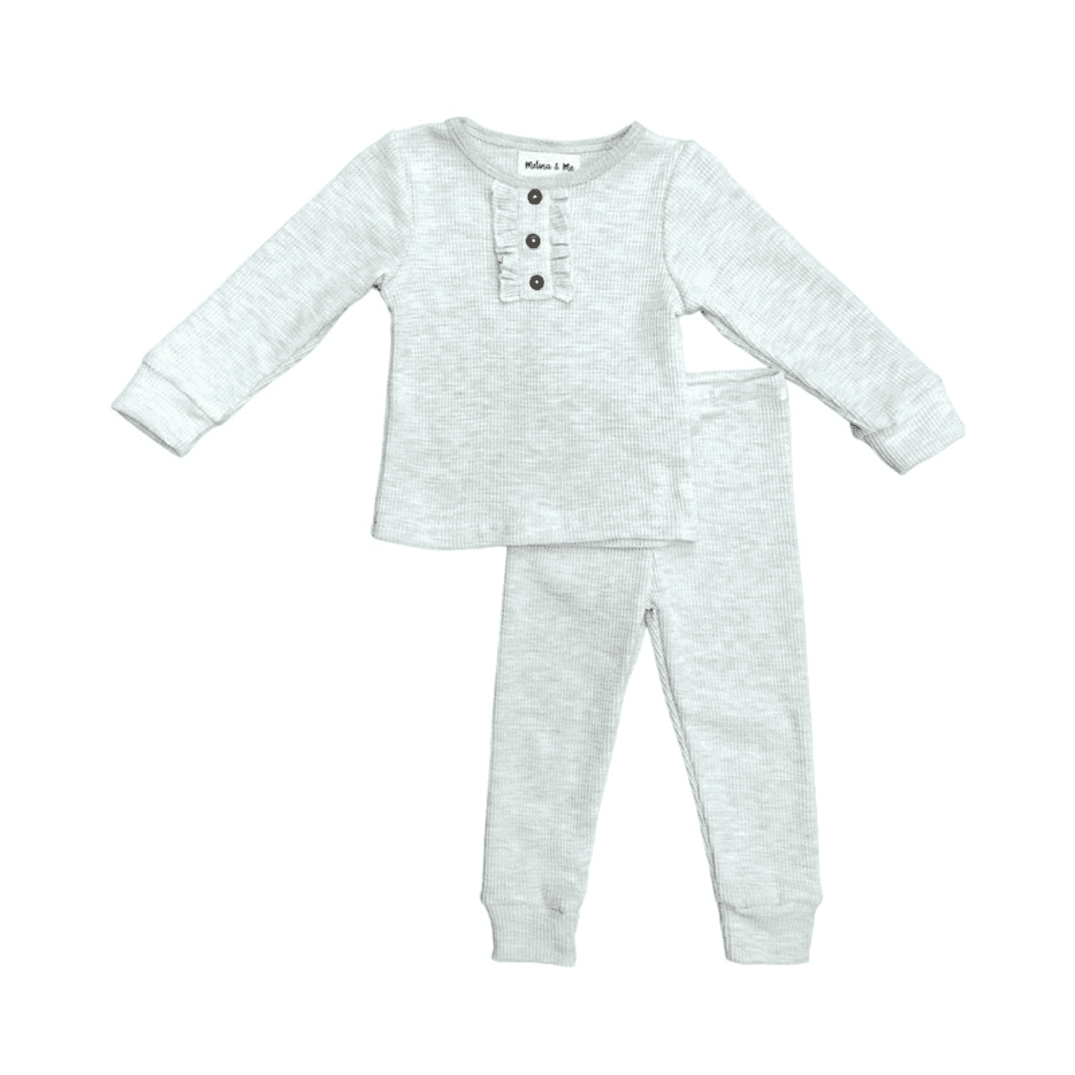 Gray waffle knit lounge set with long-sleeve henley top and matching jogger pants