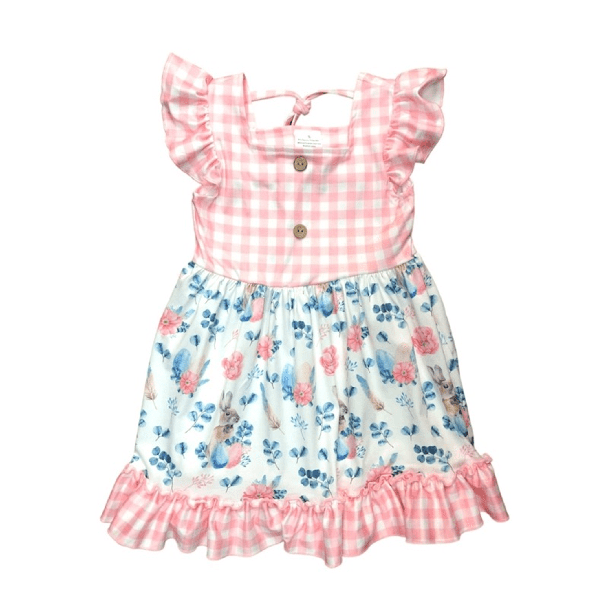 Pink gingham dress with puff sleeves, button bodice, blue floral skirt, ruffled hem