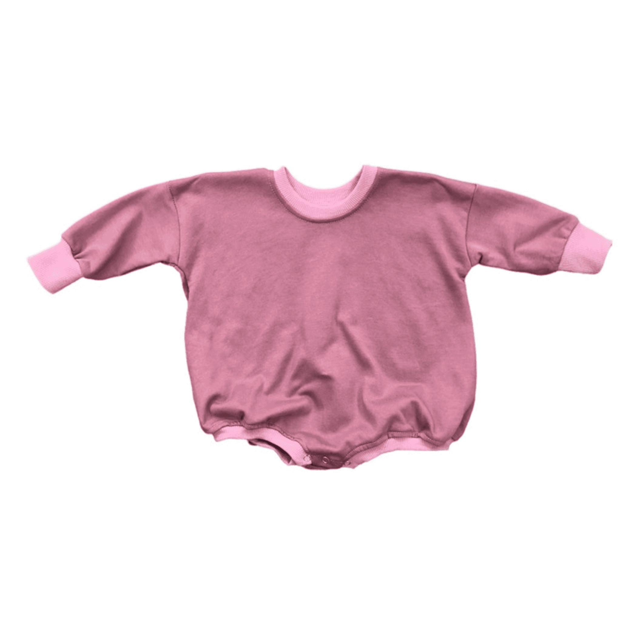 Mauve sweatshirt bubble romper with crew neck, long sleeves, gathered bottom
