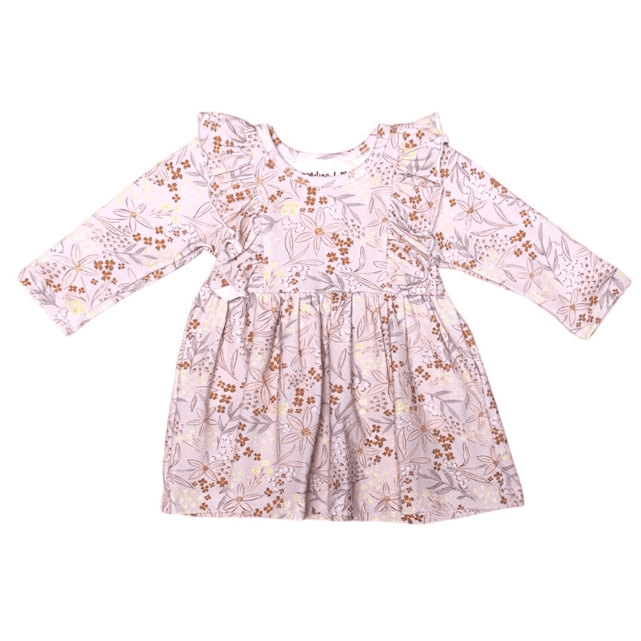 Girls long-sleeve floral dress with gathered waist, pink/lavender