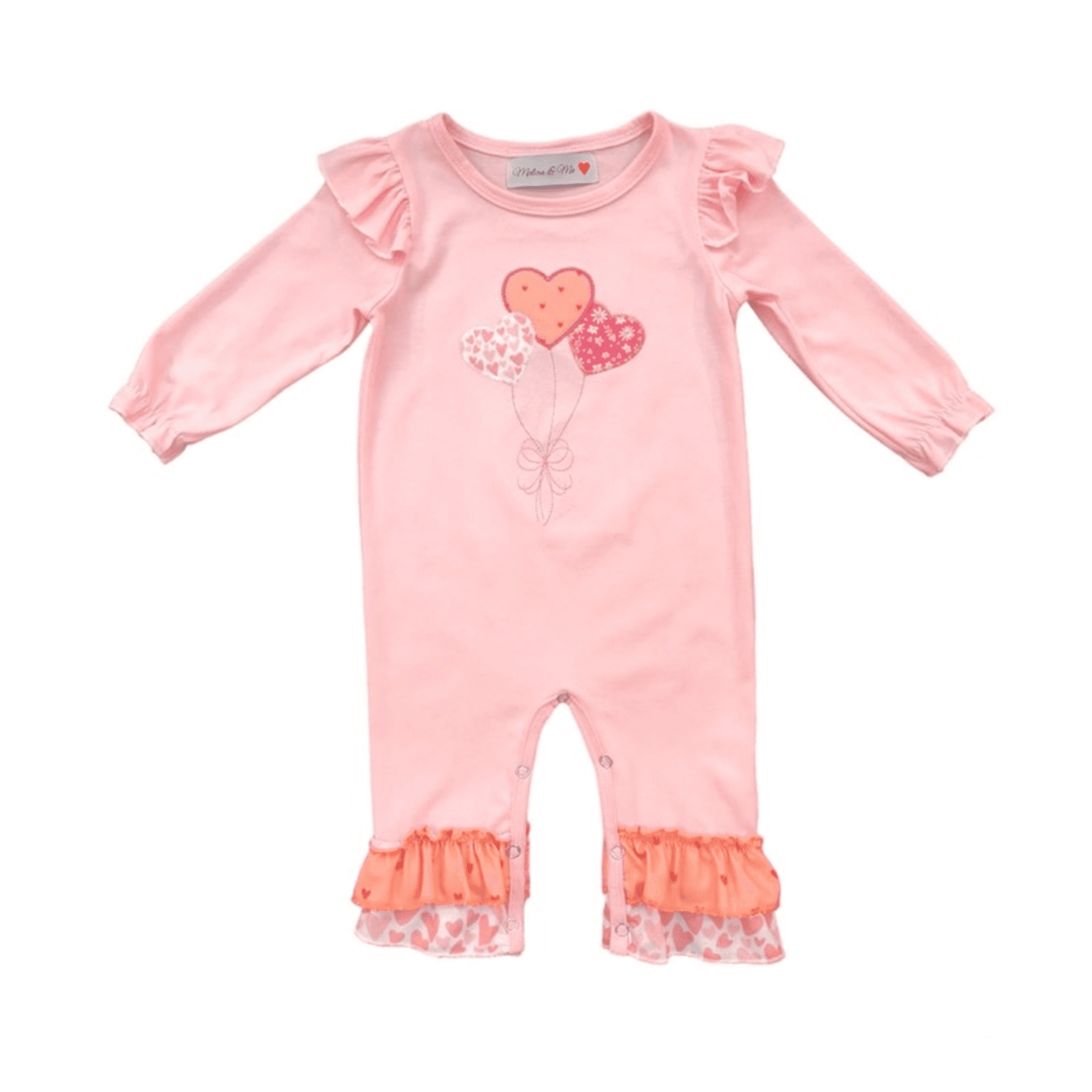 Pink baby romper with long sleeves, ruffled shoulders, heart graphic, snap buttons