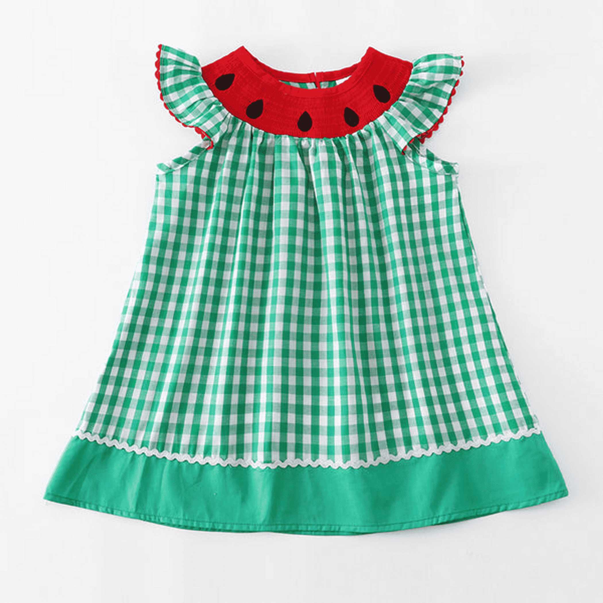 Watermelon smocked dress with gingham skirt and red watermelon-slice yoke