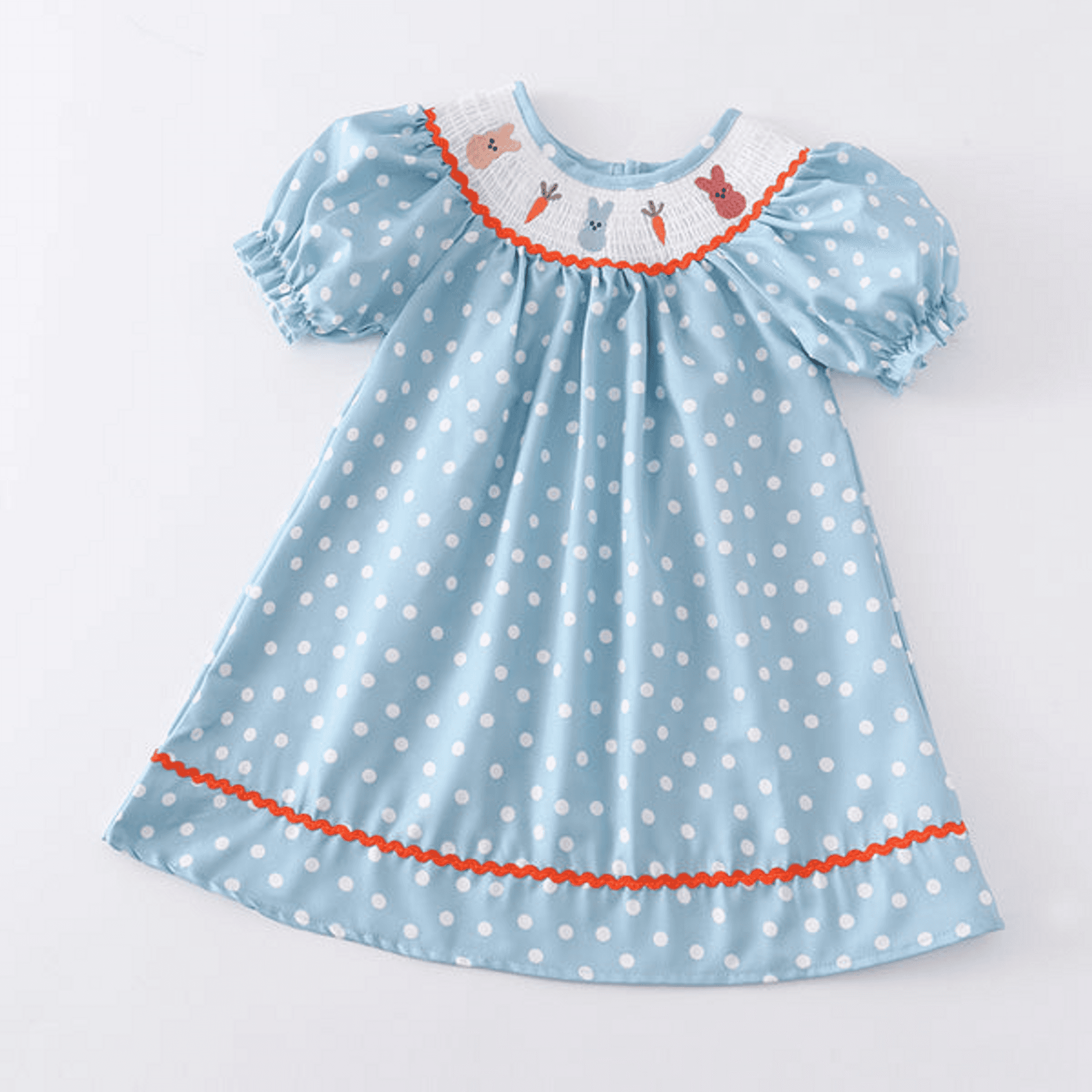 Light blue polka-dot bunny smocked dress with flutter sleeves and red ruffled trim