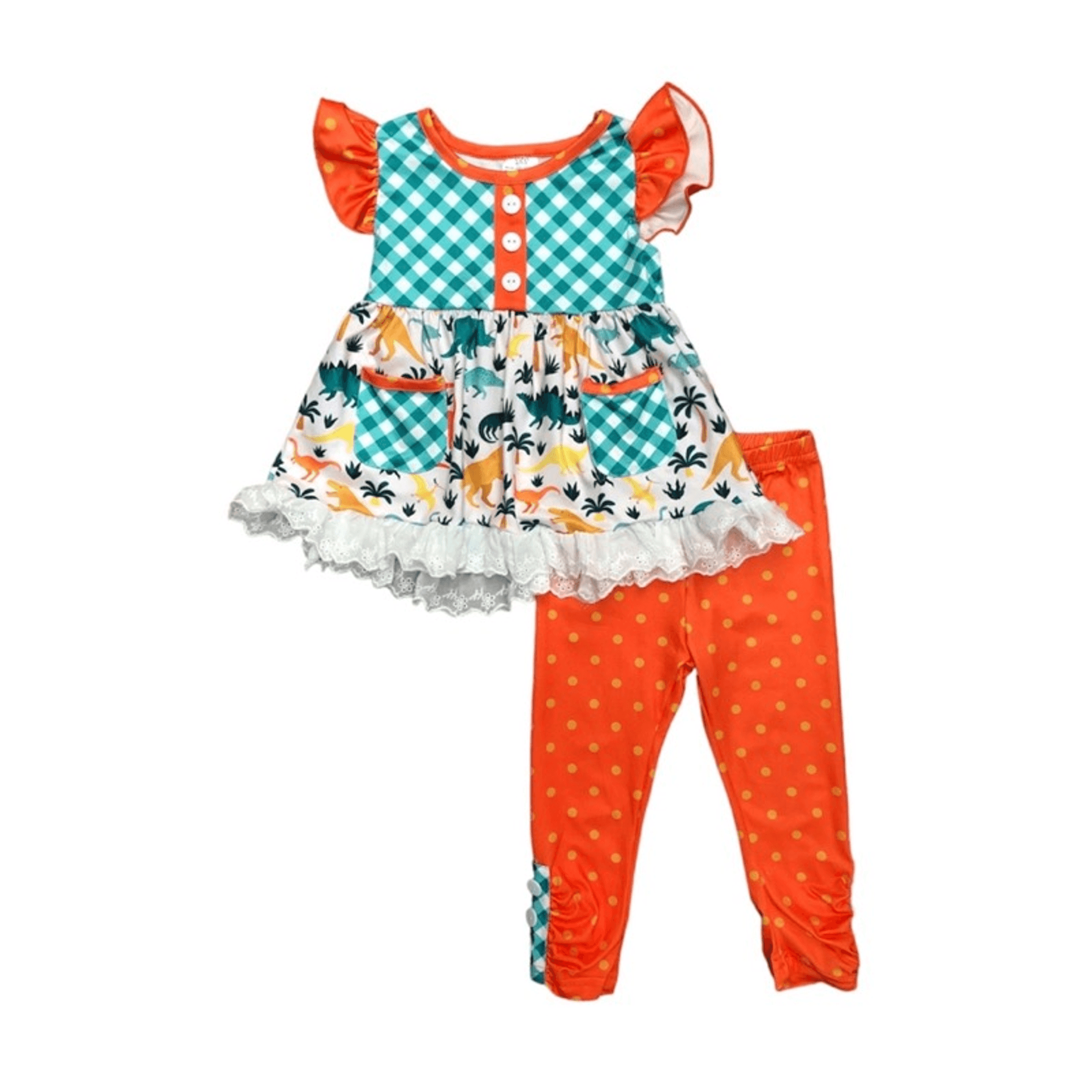 Tropical dino print dress and orange ruffle hem leggings set