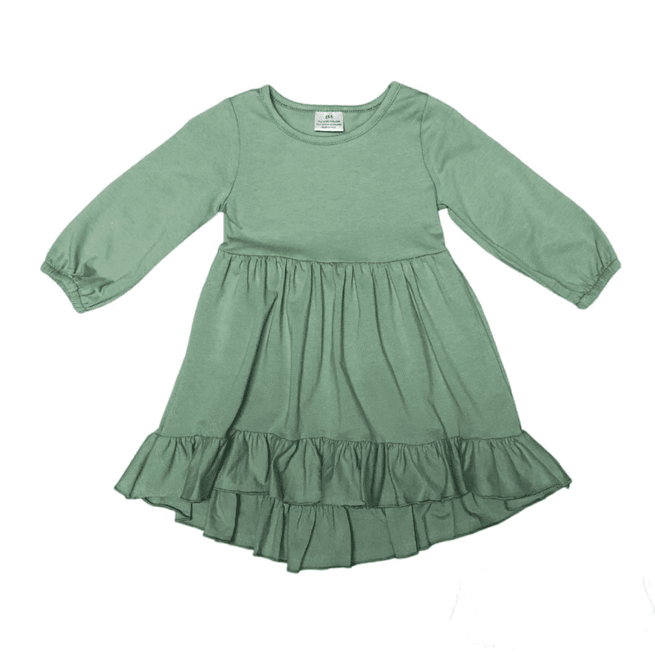 Olive green ruffle dress with long sleeves, gathered waist, and tiered skirt hem.