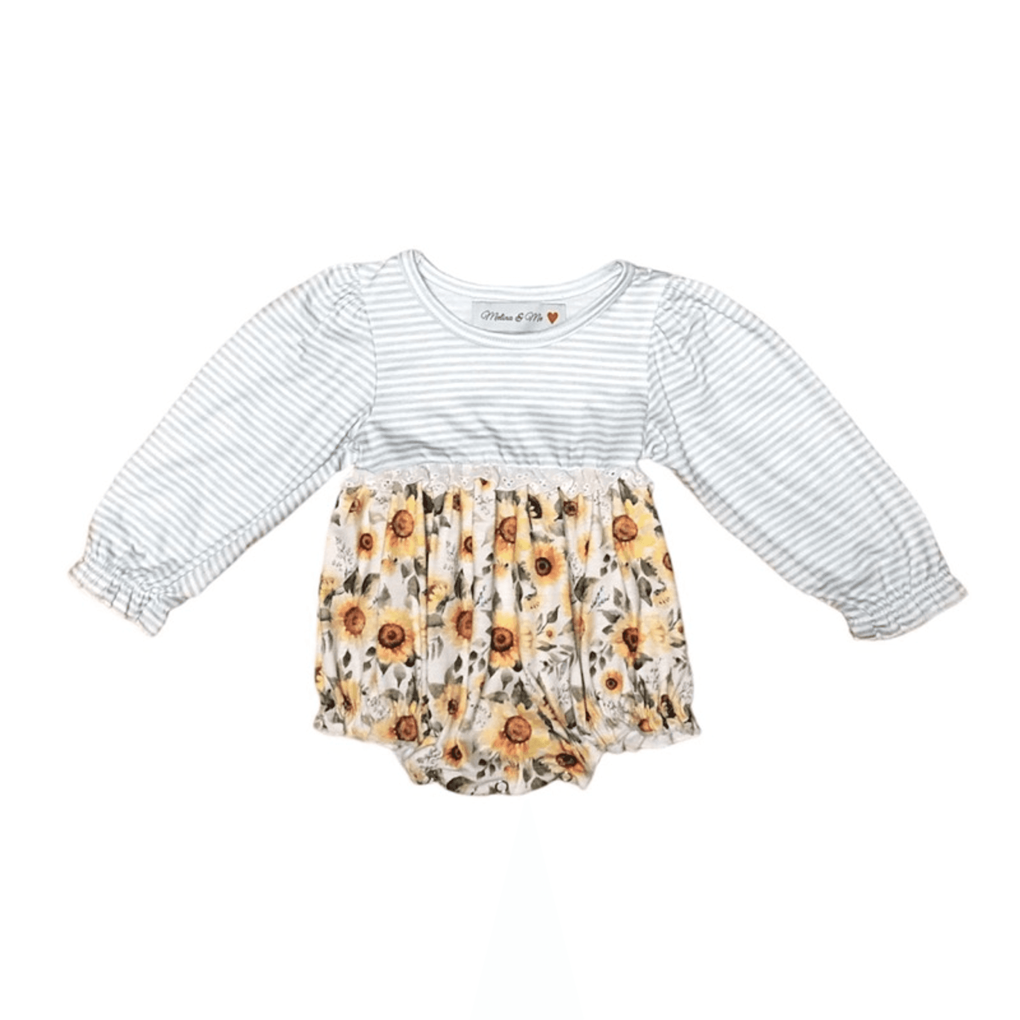 Sunflower bubble romper: striped long sleeves, gathered sunflower print bodice