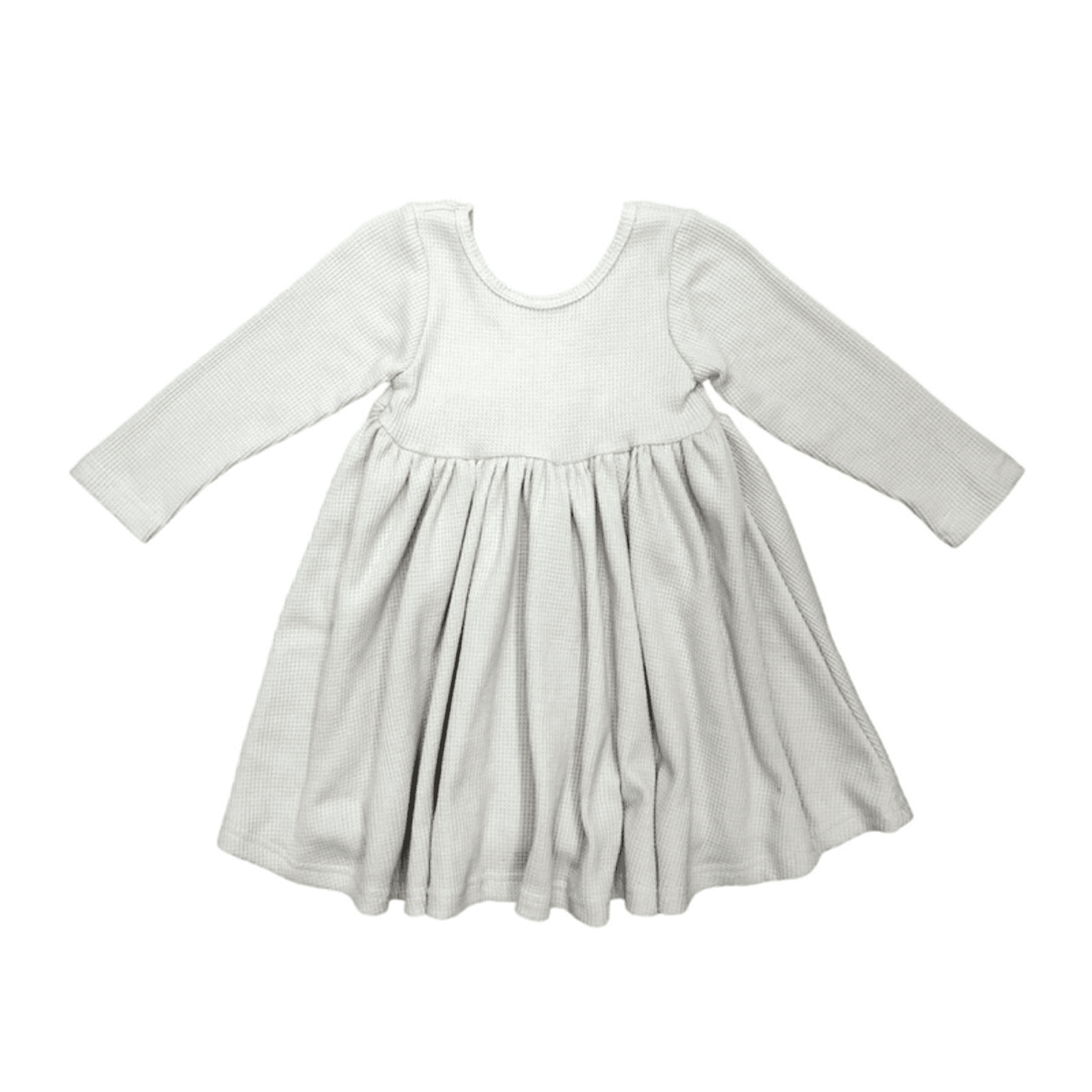Natural waffle knit dress with long sleeves, round neckline, gathered skirt