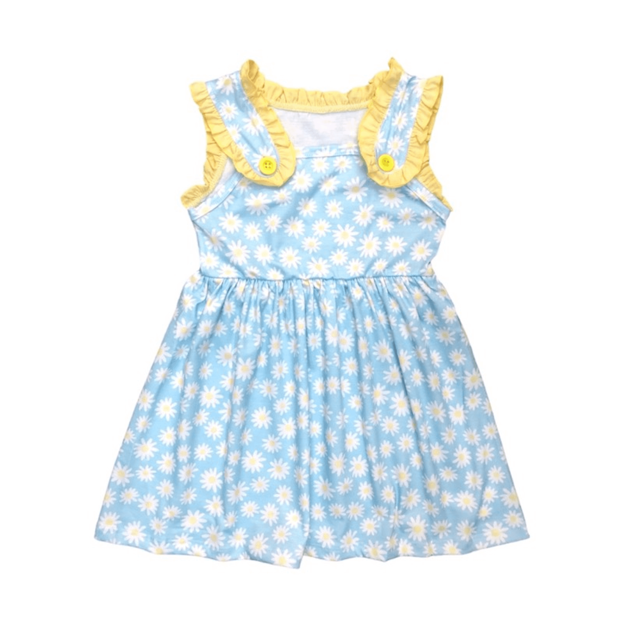 Light blue daisy sleeveless dress with yellow ruffle trim and gathered skirt
