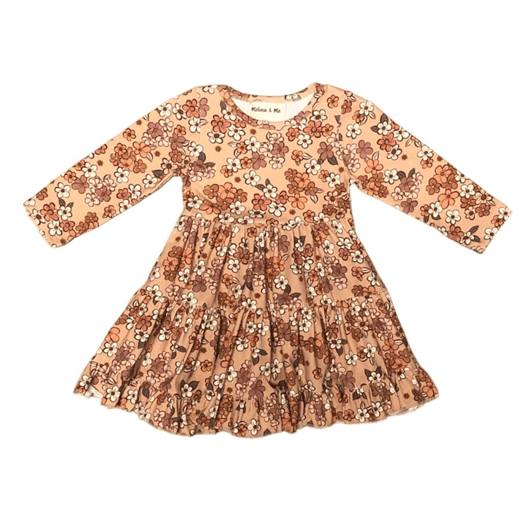 Vintage floral dress with long sleeves, round neckline, and tiered gathered skirt