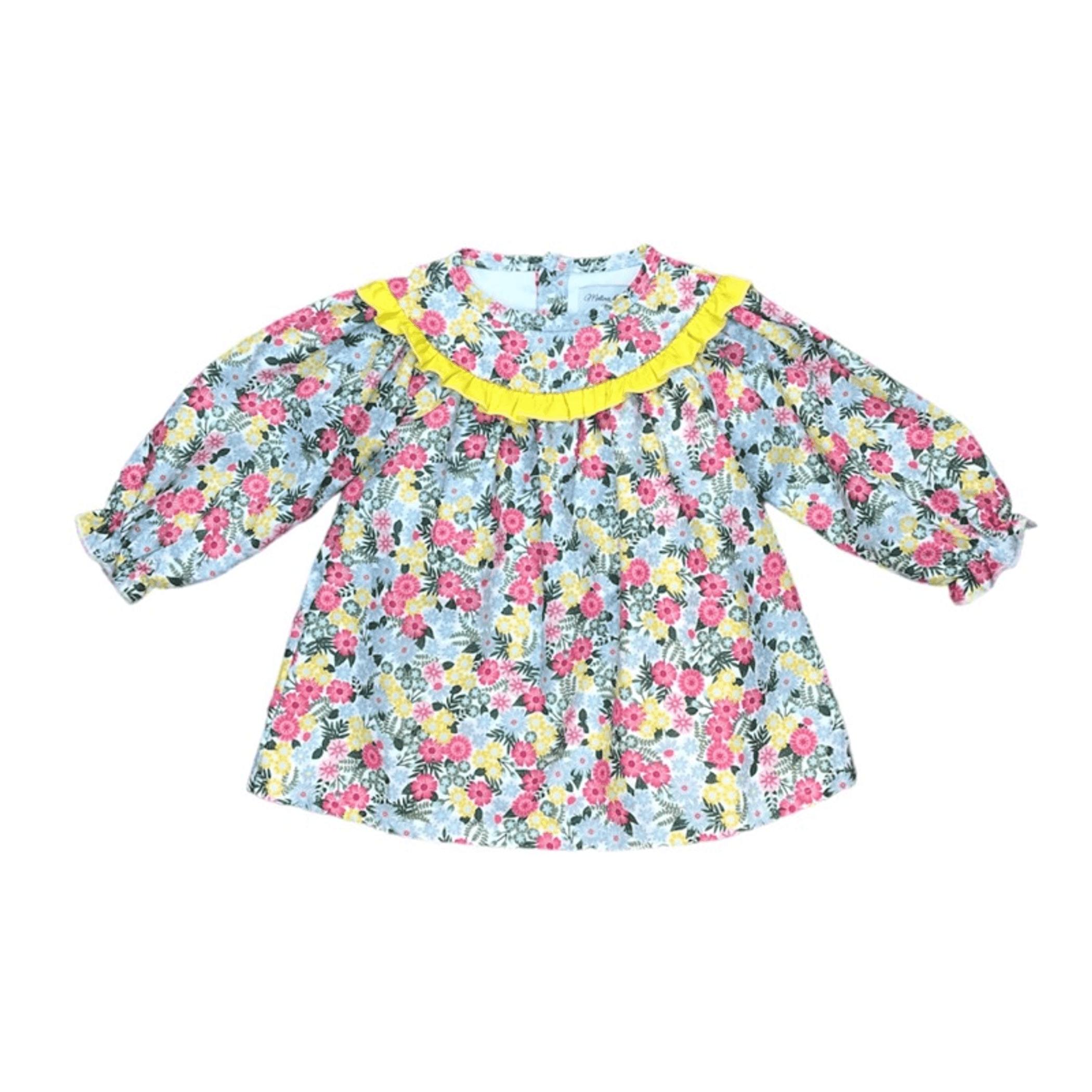 Floral baby dress in light blue with pink/yellow flowers, puff sleeves