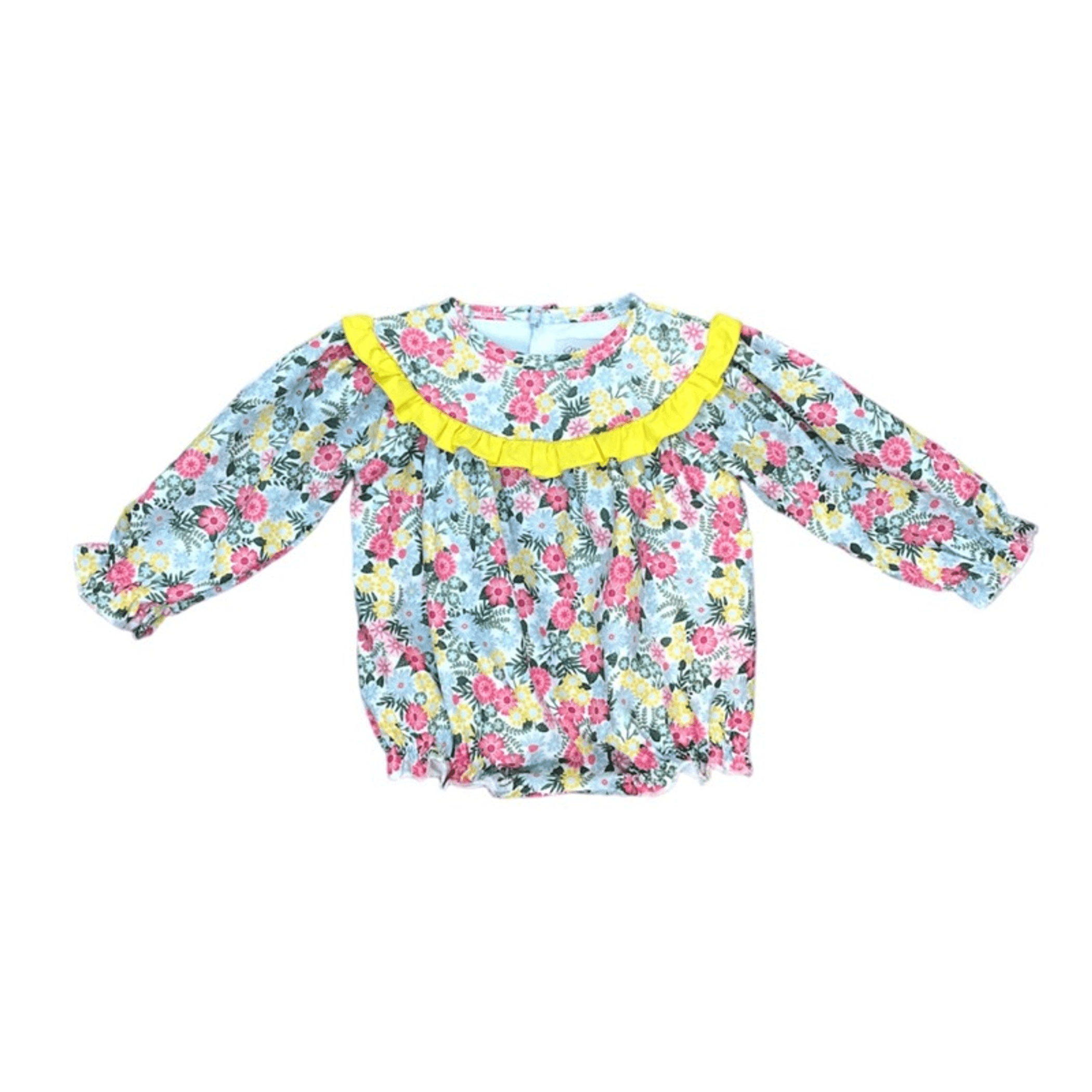 Floral long-sleeve romper with yellow ruffled neckline and gathered waist
