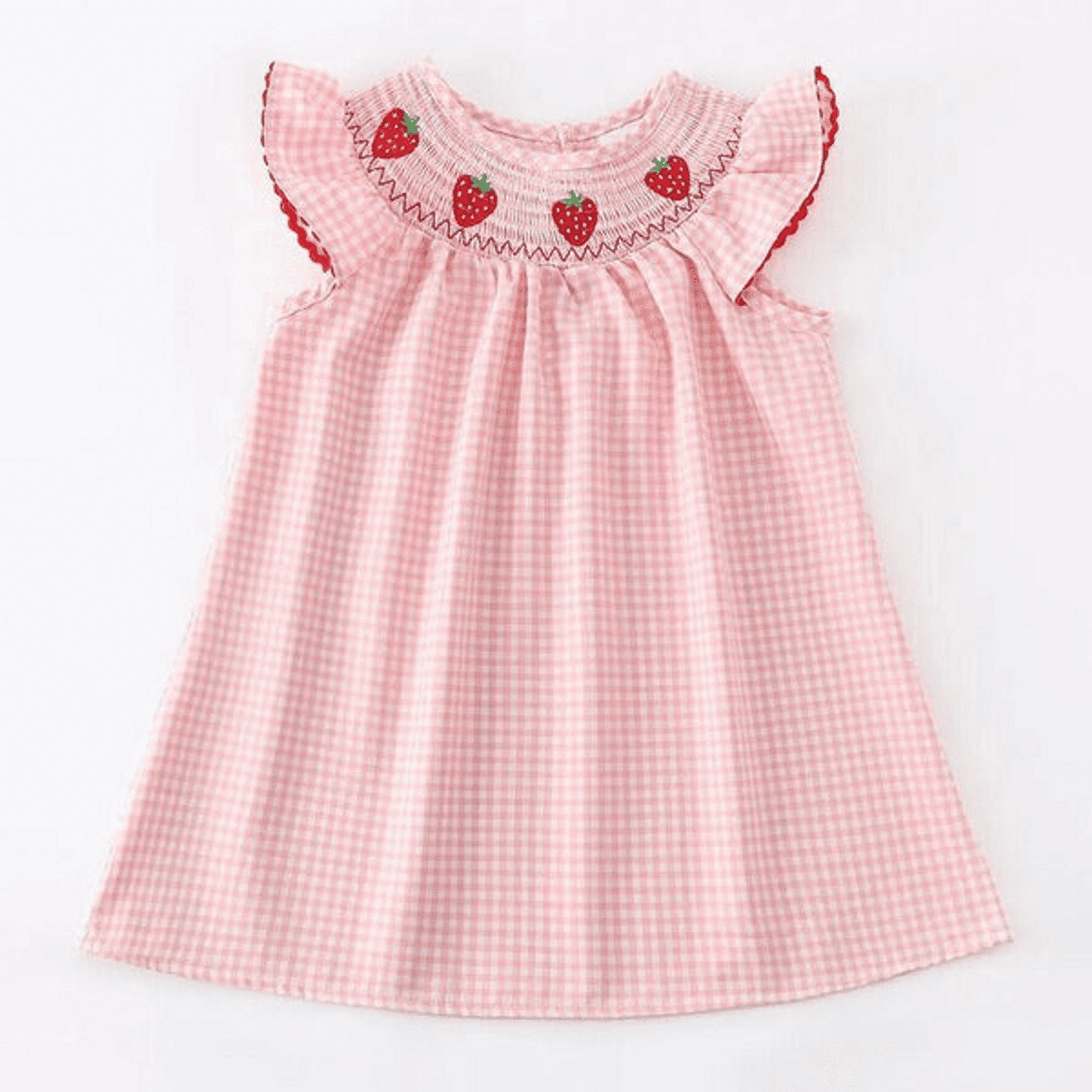 Pink gingham smocked strawberry dress with flutter sleeves and gathered neckline