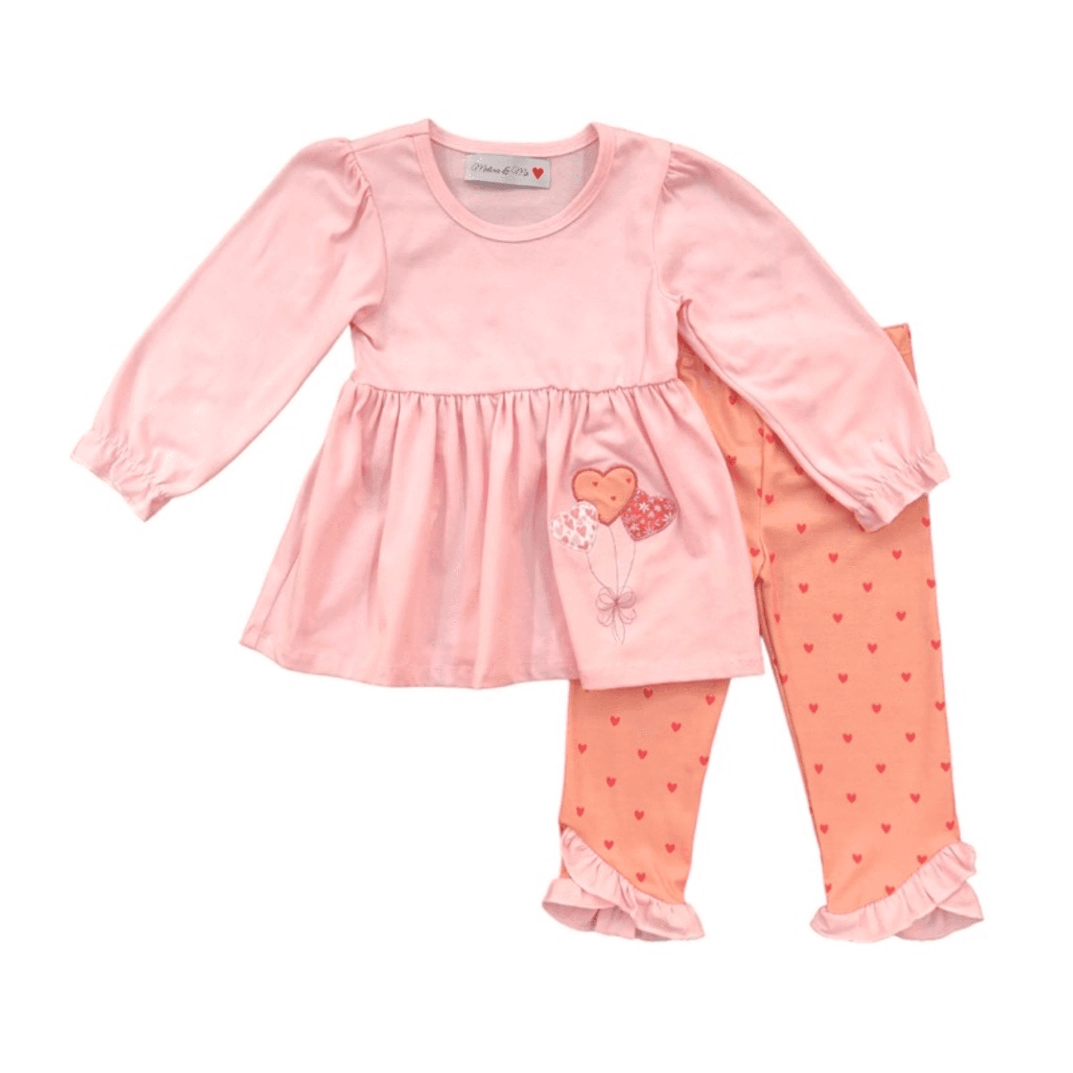 Sweetheart outfit: pink long-sleeve dress top with heart balloon print and matching heart leggings