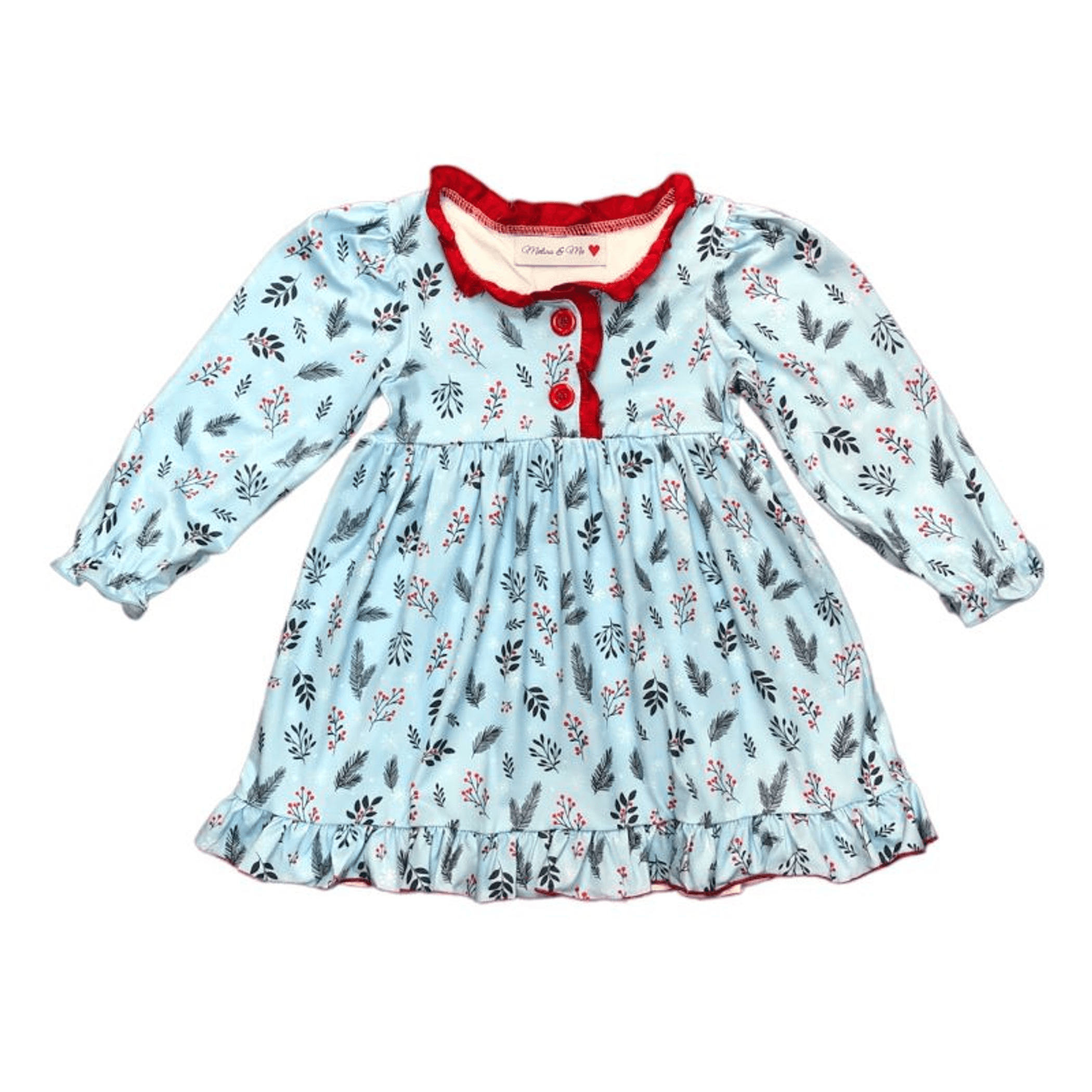 Winterberry gown, light blue floral long-sleeve dress with red collar and button placket.