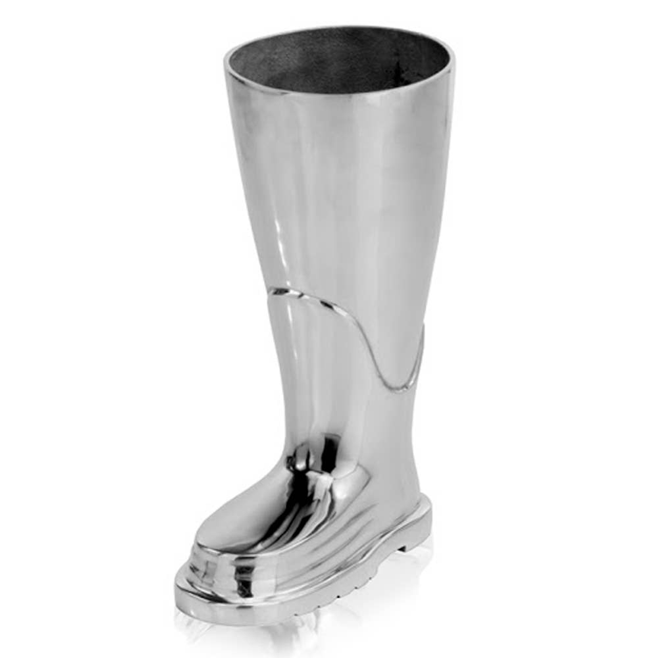 Boot-shaped umbrella stand with open top in polished silver metal